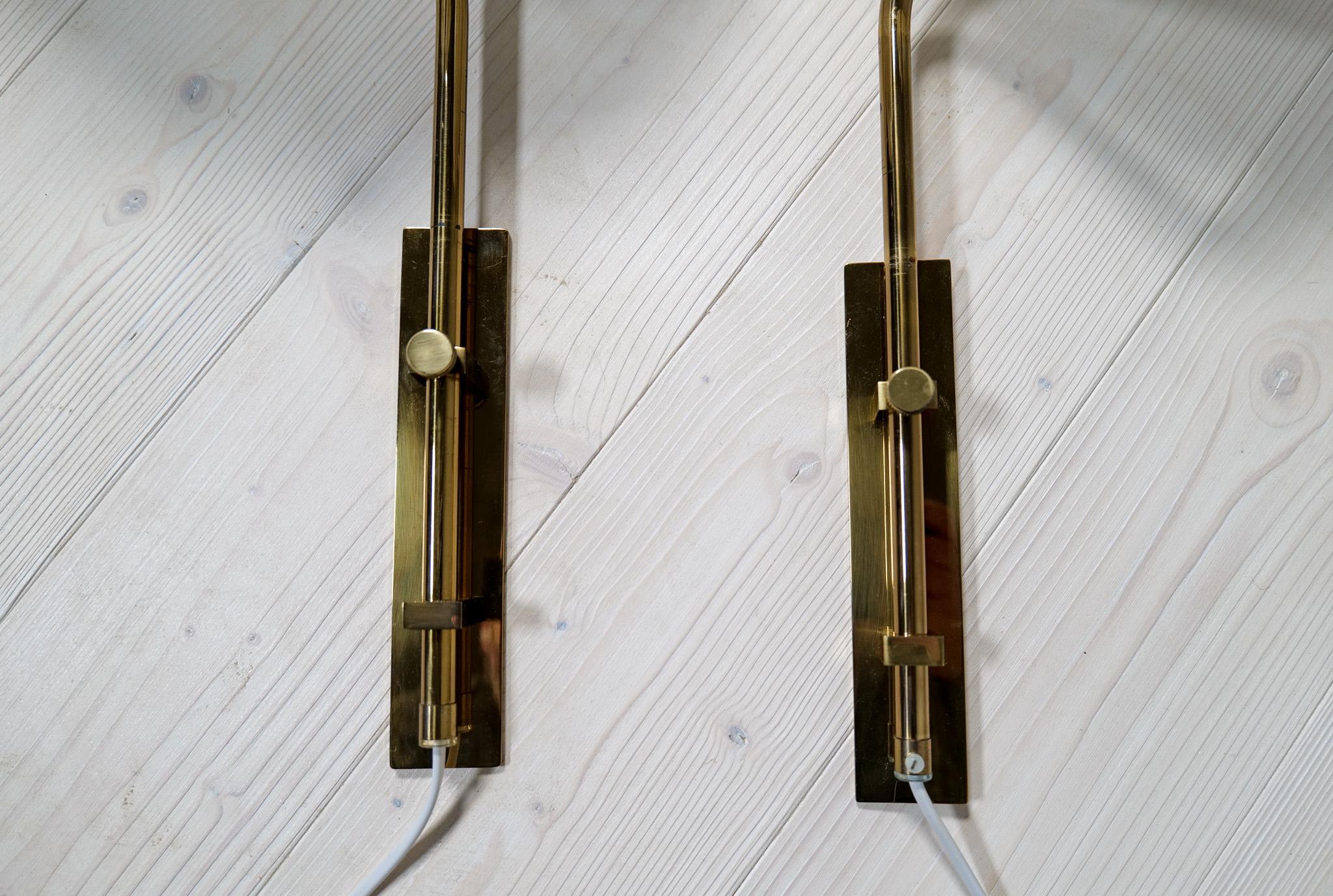 Midcentury Brass Wall Lights Bergboms with Cotton shades, Sweden, 1970s 3