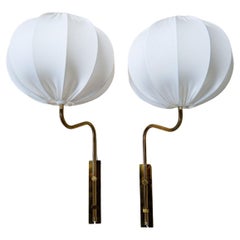 Midcentury Brass Wall Lights Bergboms with Cotton shades, Sweden, 1970s