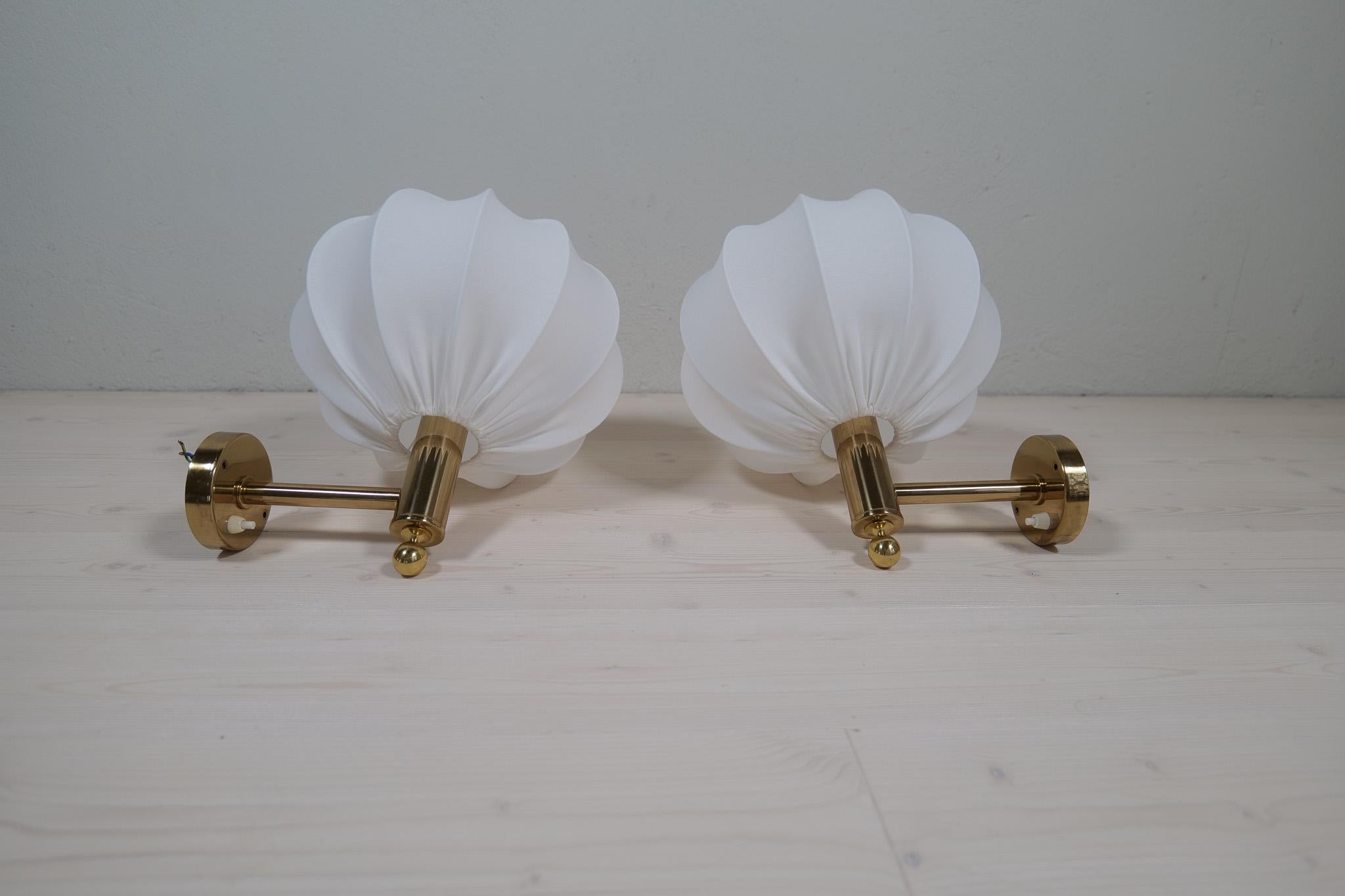 Midcentury Modern Brass Wall Lights with Cotton shades, Sweden, 1960s 5