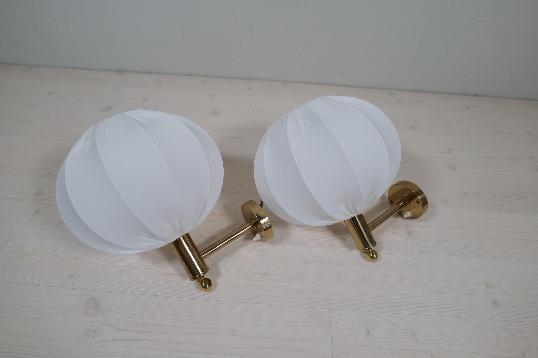 Mid-20th Century Midcentury Modern Brass Wall Lights with Cotton shades, Sweden, 1960s