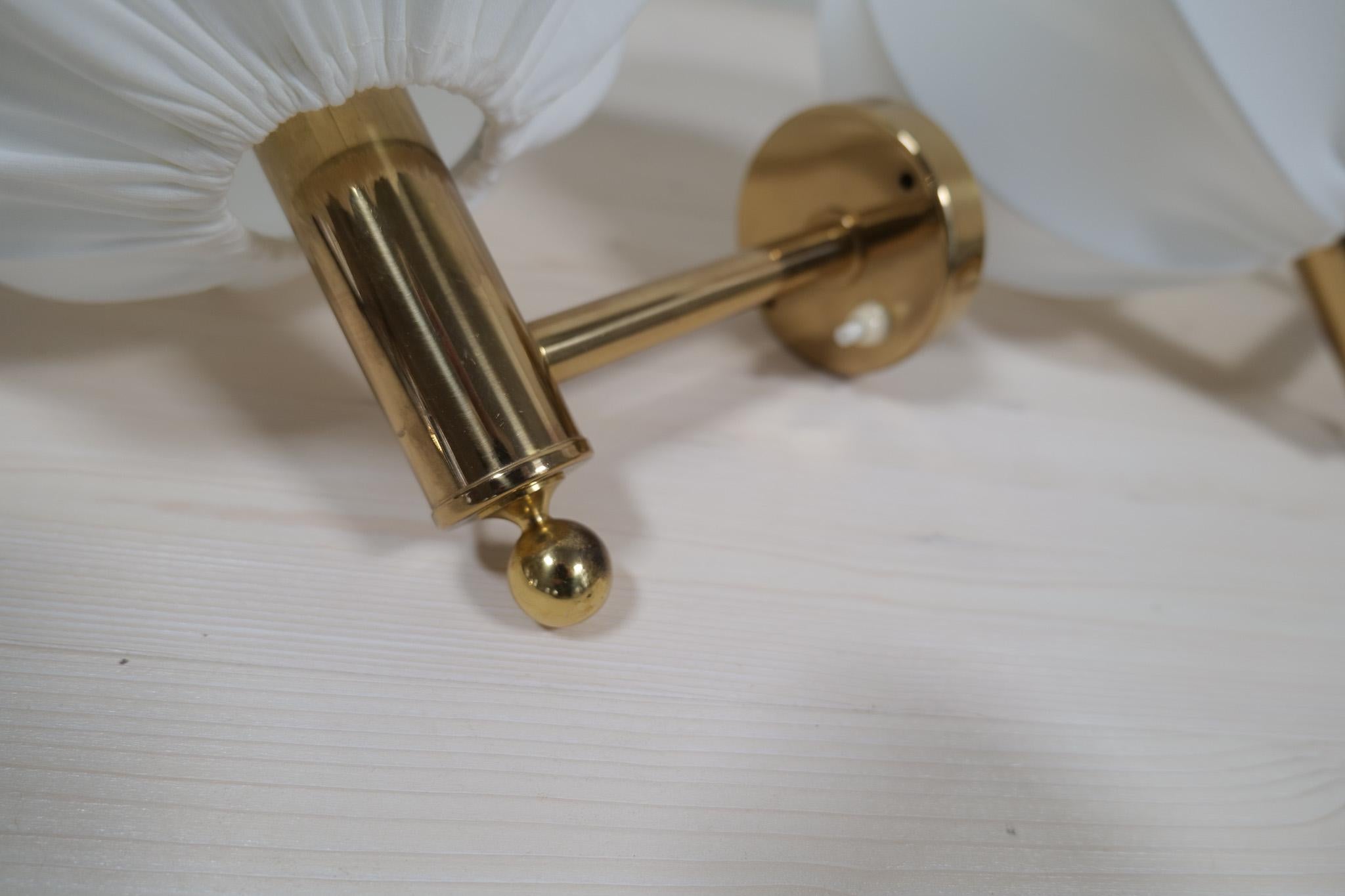 Midcentury Modern Brass Wall Lights with Cotton shades, Sweden, 1960s 1