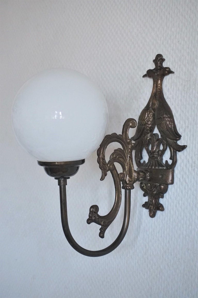 Midcentury Brass Wall Sconce with Opaline Glass Globe, Three Sconces