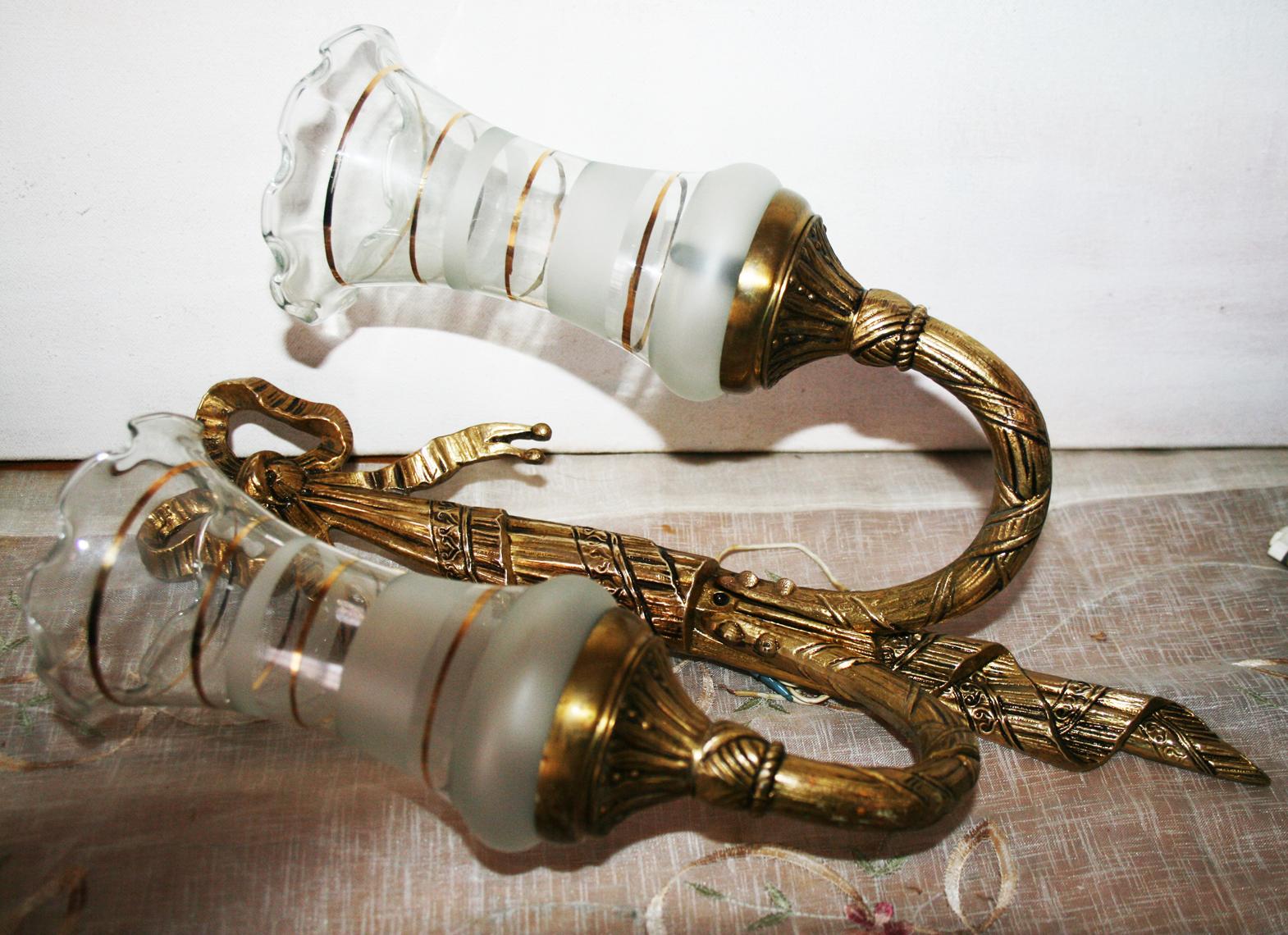  Wall Sconces with Two Lights, Louis XVI Style Golden Bronze or Brass Pair For Sale 5