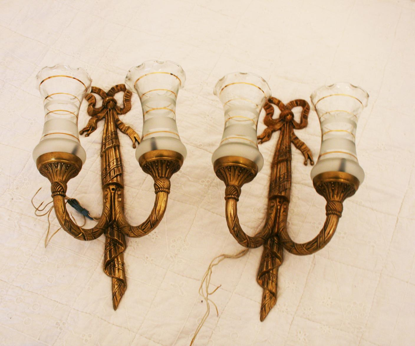 Wall Sconces with Two Lights, Louis XVI Style Golden Bronze or Brass Pair For Sale 7
