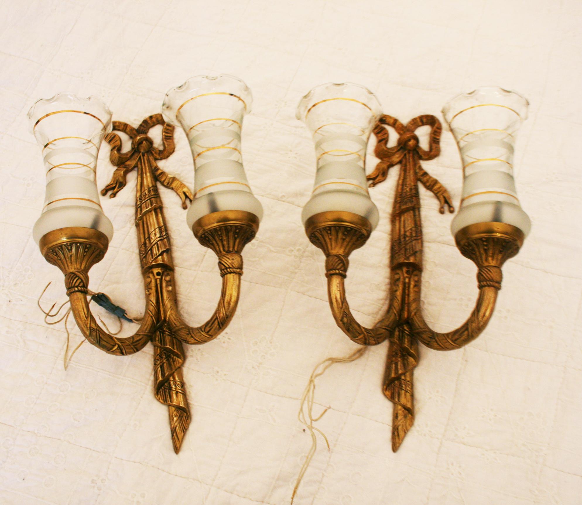  Wall Sconces with Two Lights, Louis XVI Style Golden Bronze or Brass Pair For Sale 1