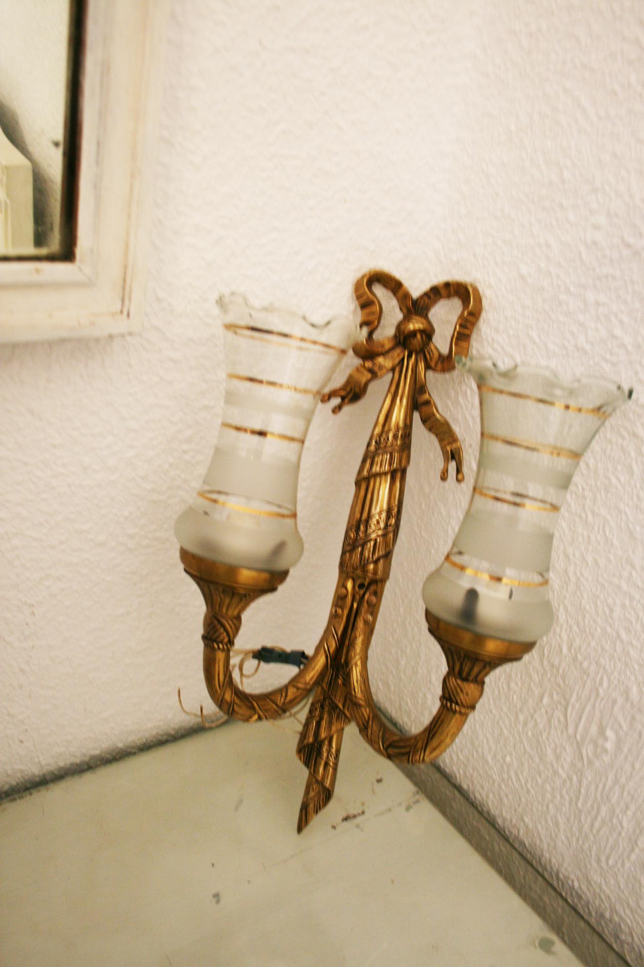  Wall Sconces with Two Lights, Louis XVI Style Golden Bronze or Brass Pair For Sale 3