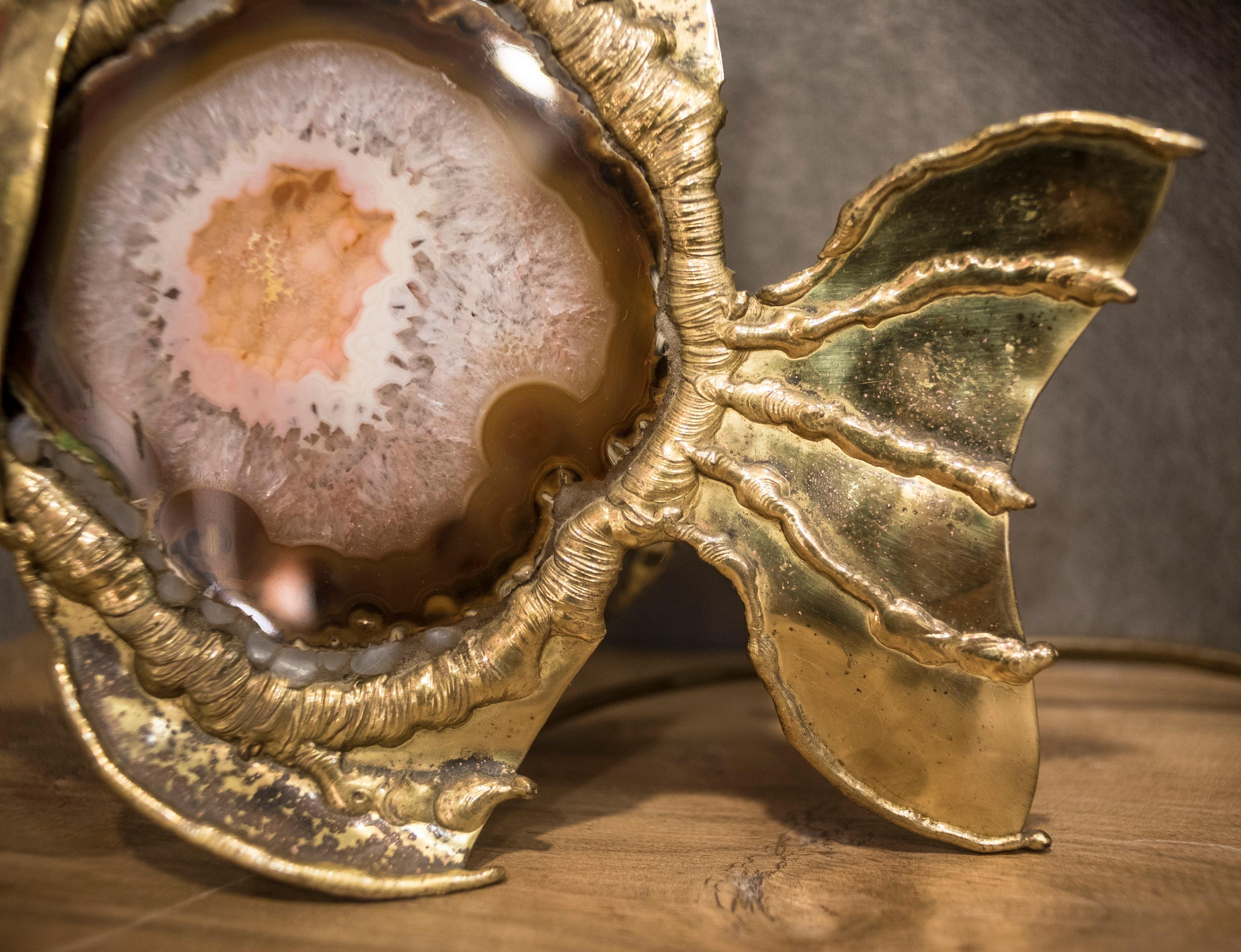 Bronzed Midcentury Brass with an Agate Stone French Table Lamp