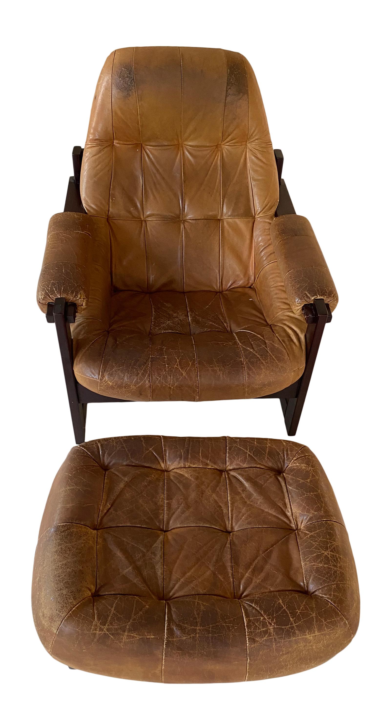 Mid-Century Modern Midcentury Brazilian Lounge Chair by Percival Lafer with Ottoman heavy Patina