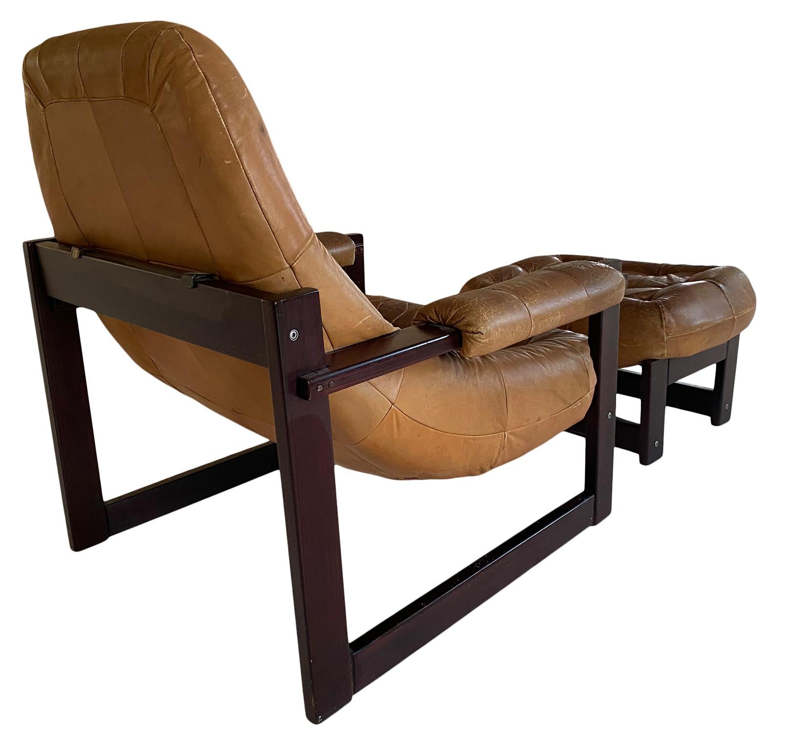 Midcentury Brazilian Lounge Chair by Percival Lafer with Ottoman heavy Patina In Fair Condition In BROOKLYN, NY