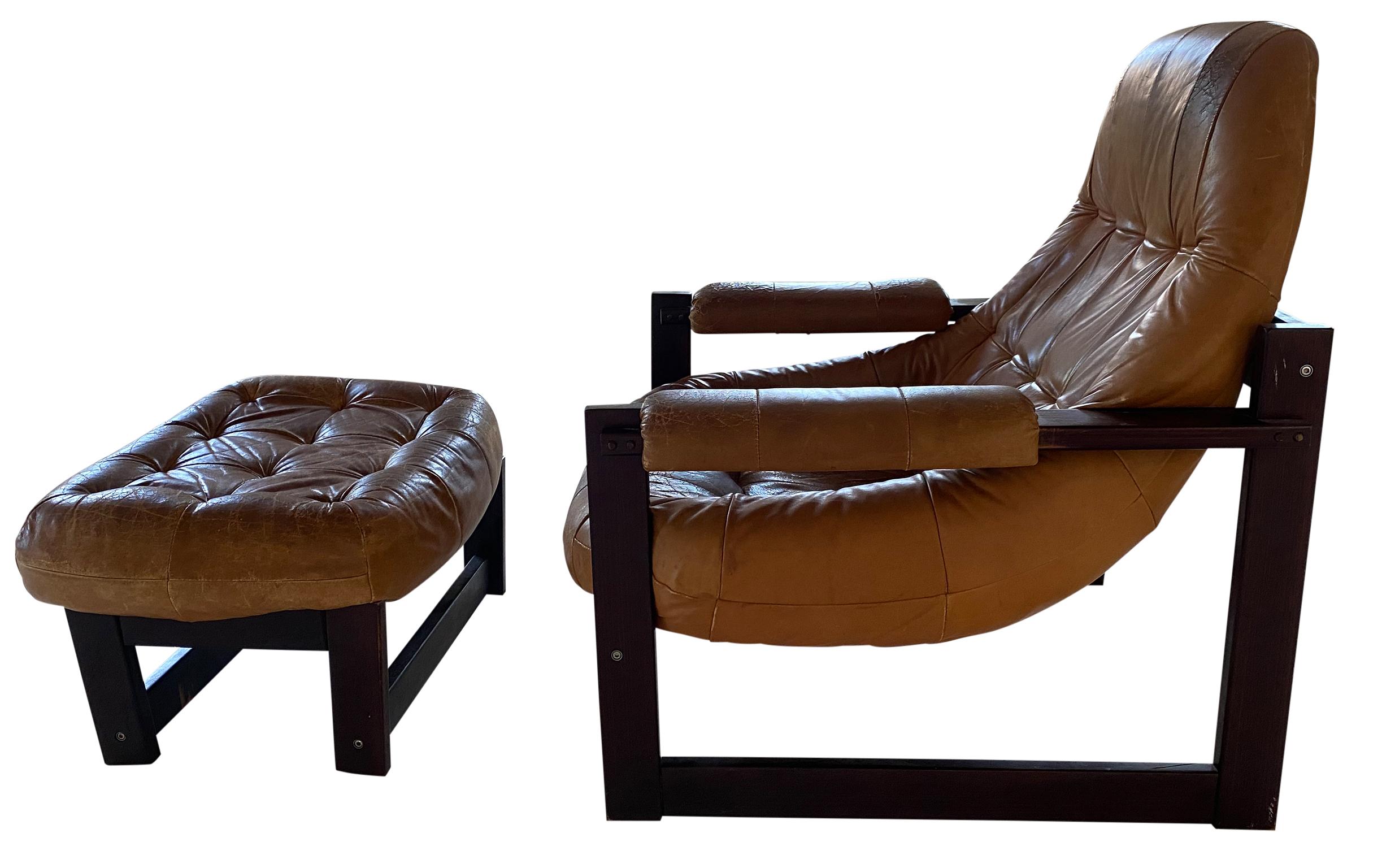 20th Century Midcentury Brazilian Lounge Chair by Percival Lafer with Ottoman heavy Patina
