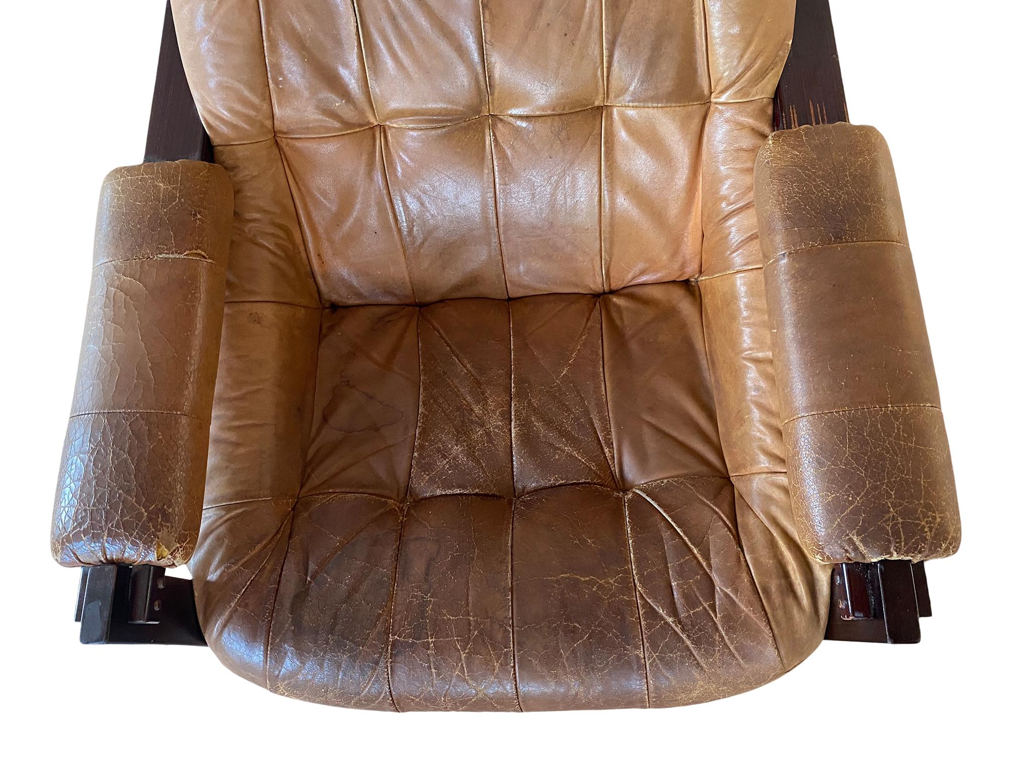Leather Midcentury Brazilian Lounge Chair by Percival Lafer with Ottoman heavy Patina