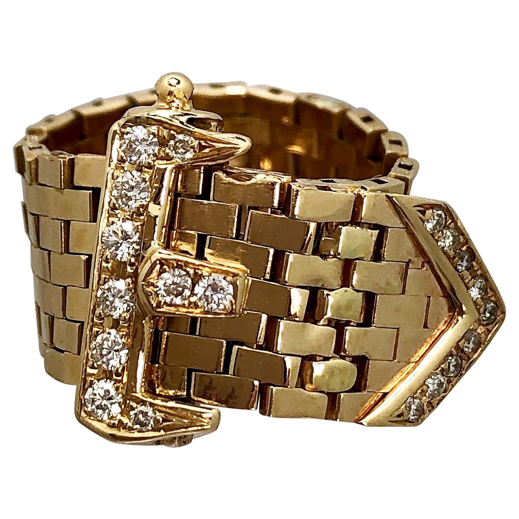 Midcentury Brick Style, Flexible Gold Buckle Ring with Diamonds