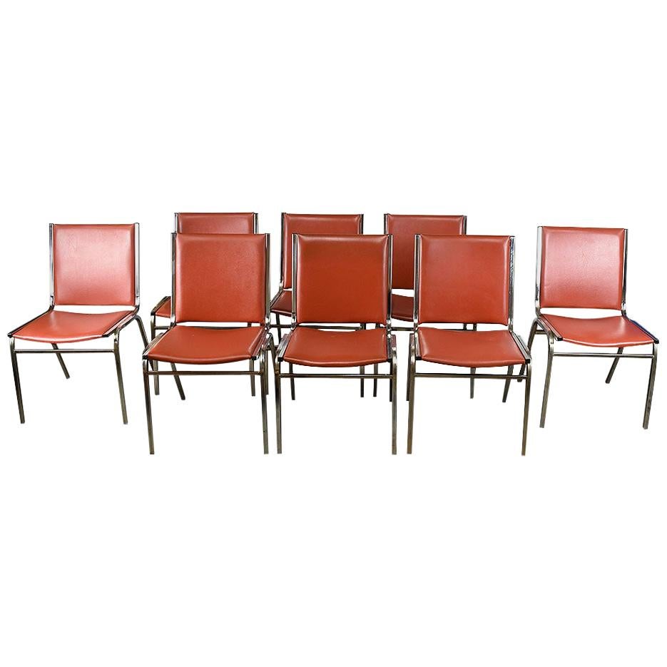 Midcentury Bright Red Chrome Dining Chairs, Set of 8