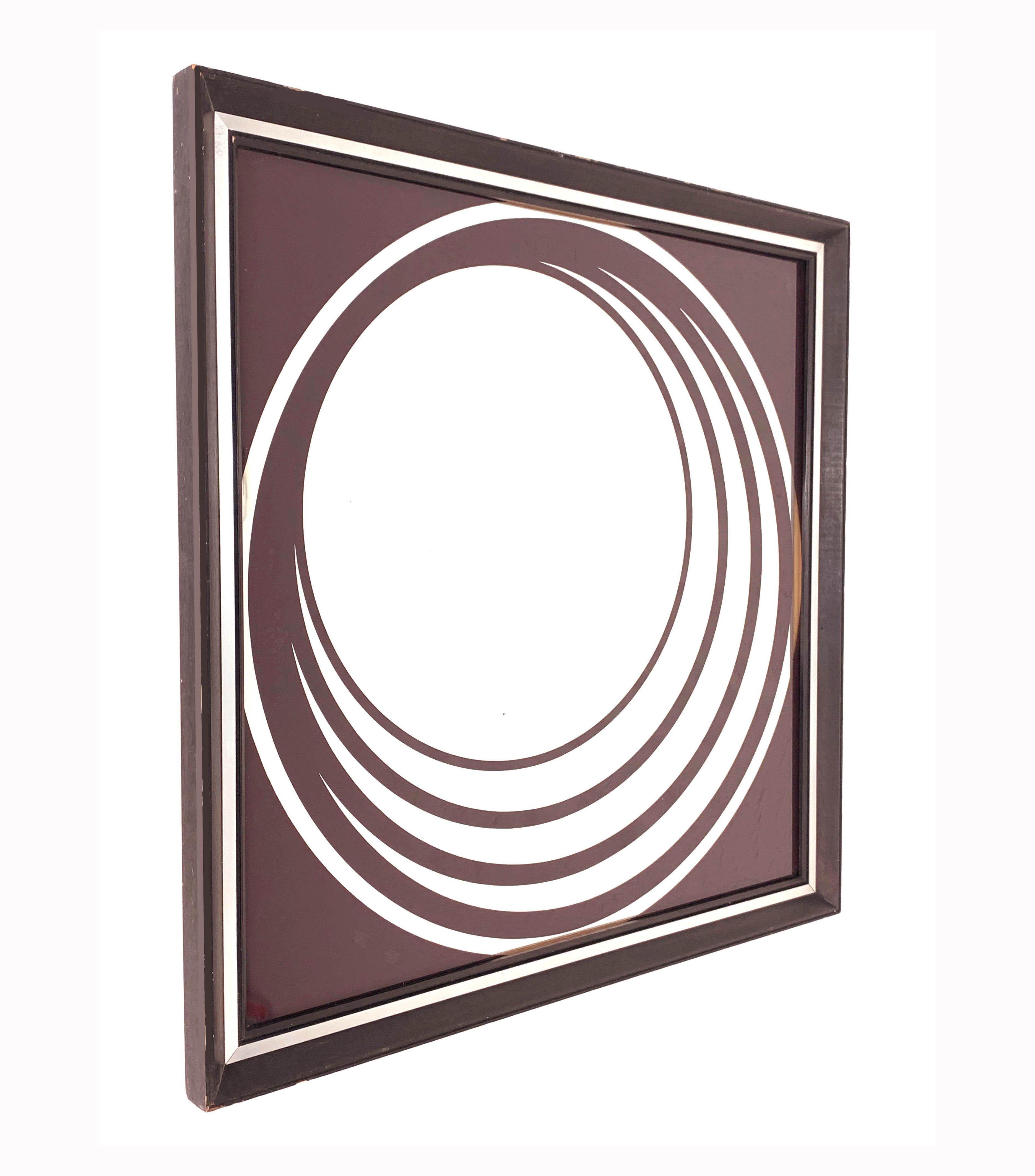 Midcentury British Burgundy Wall Mirror with Optical Effect after Verner Panton 5