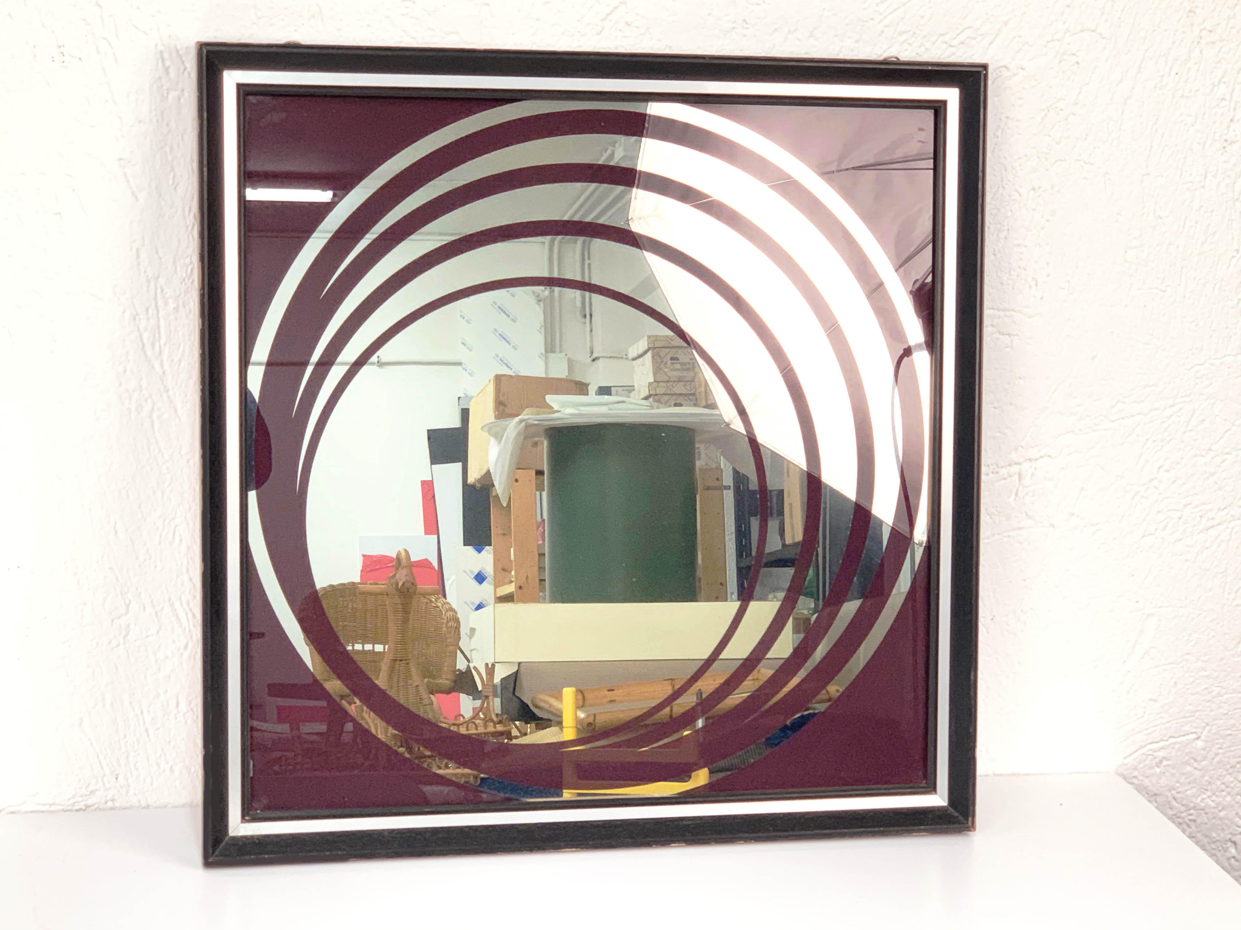 Midcentury British Burgundy Wall Mirror with Optical Effect after Verner Panton 8