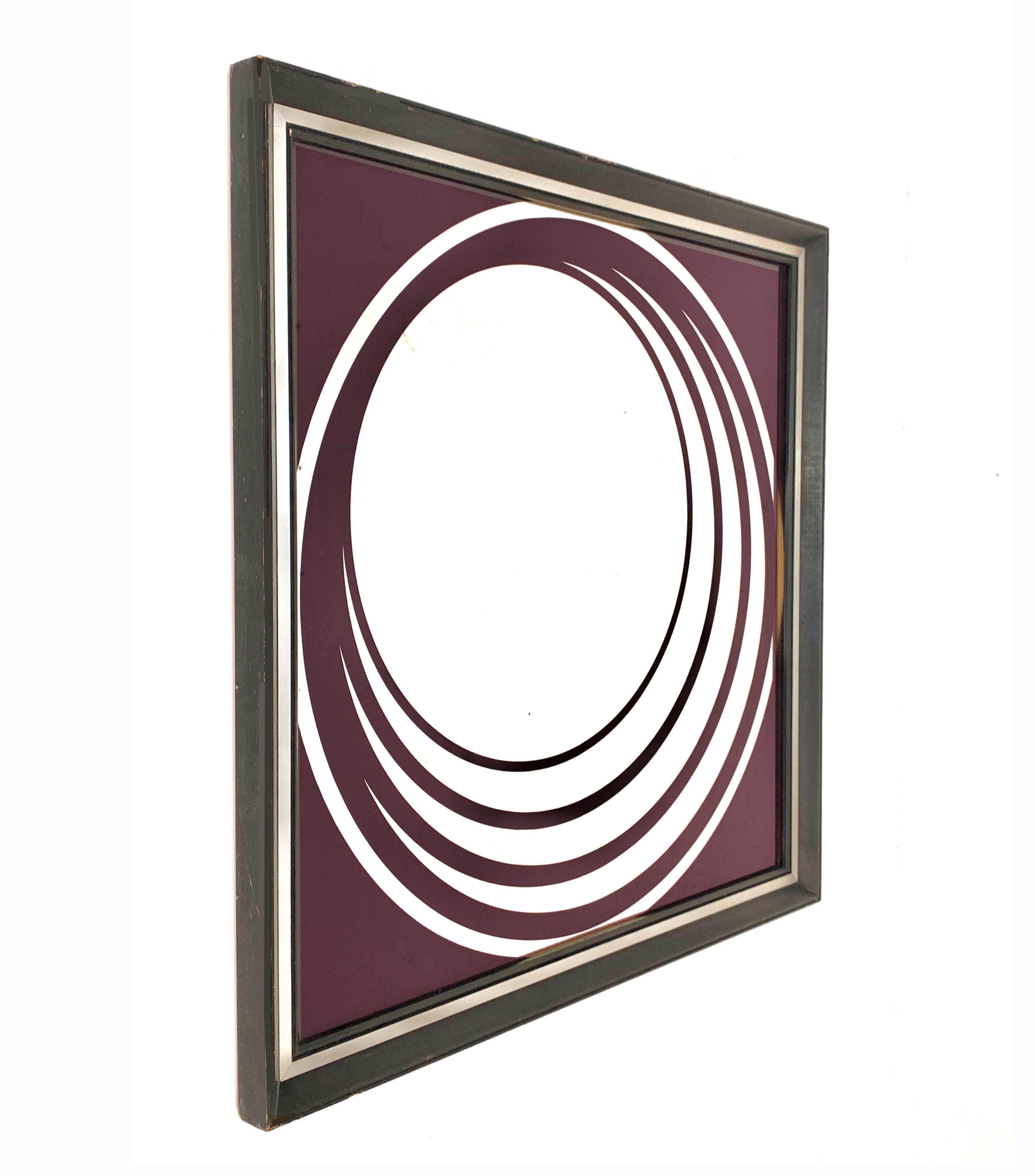 English Midcentury British Burgundy Wall Mirror with Optical Effect after Verner Panton