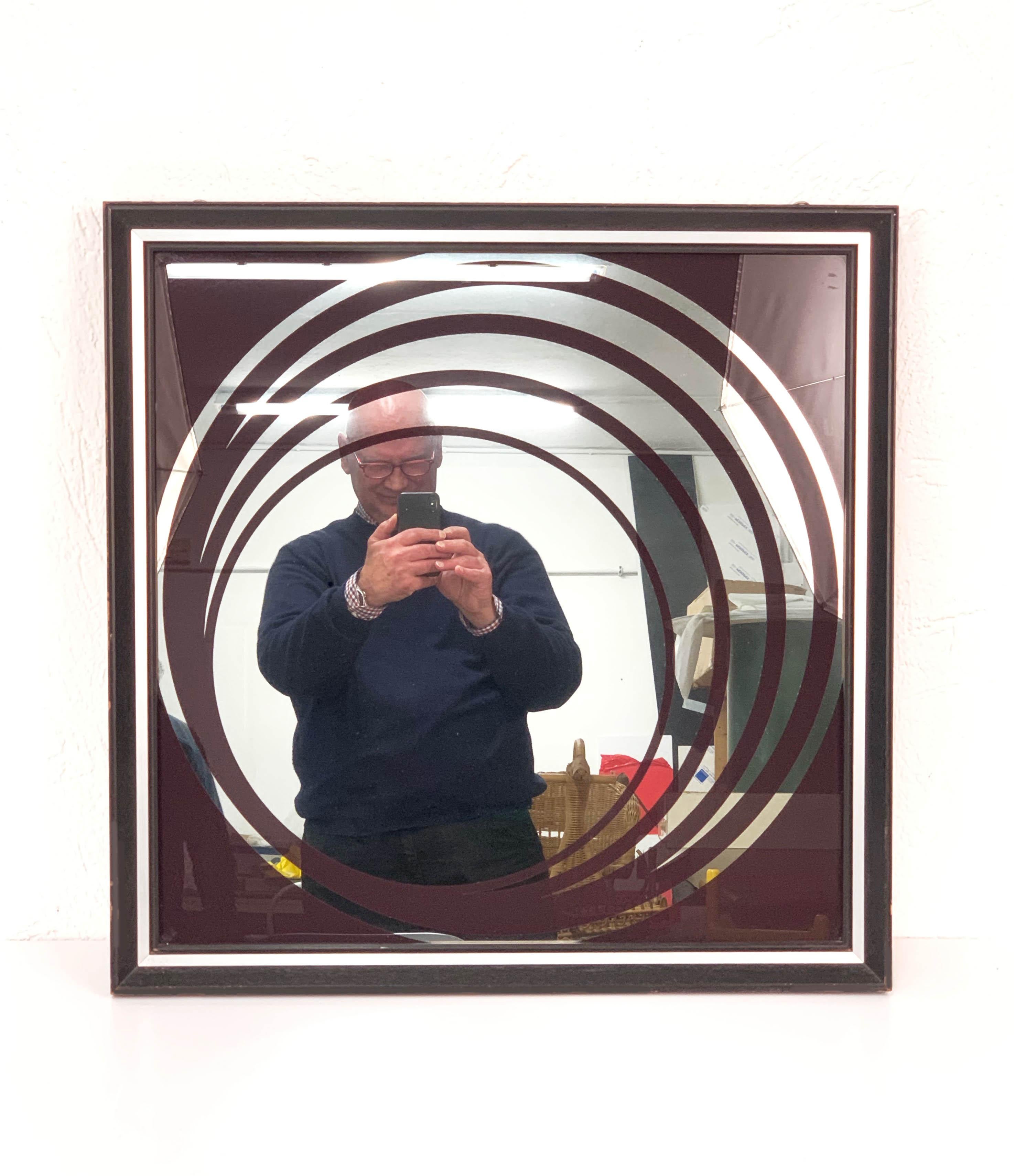Midcentury British Burgundy Wall Mirror with Optical Effect after Verner Panton 1