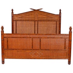 Vintage Midcentury British Colonial Style Faux Bamboo and Grasscloth Queen Bed