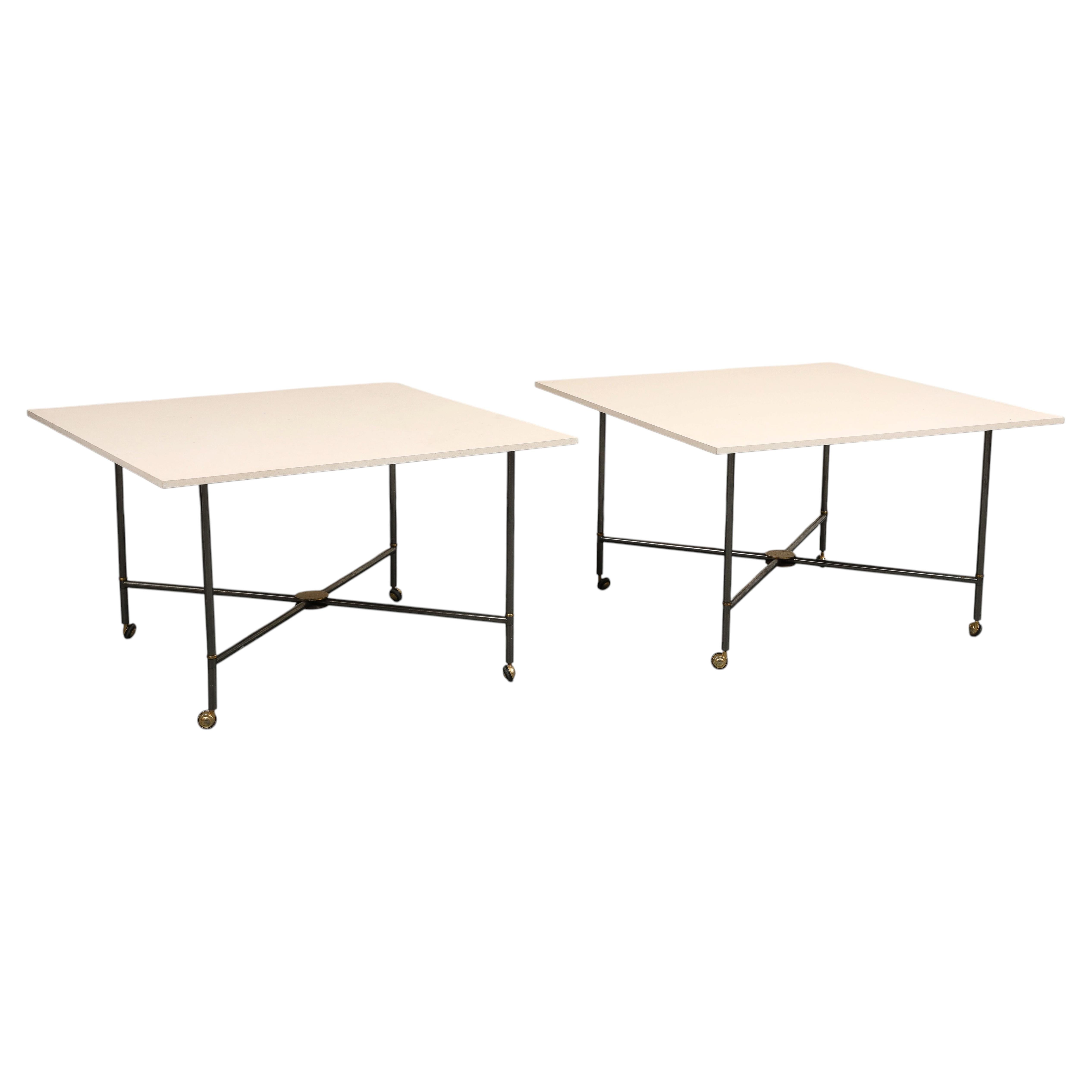 Midcentury Bronze 2-Piece Dining Tables on Casters with Travertine Tops For Sale