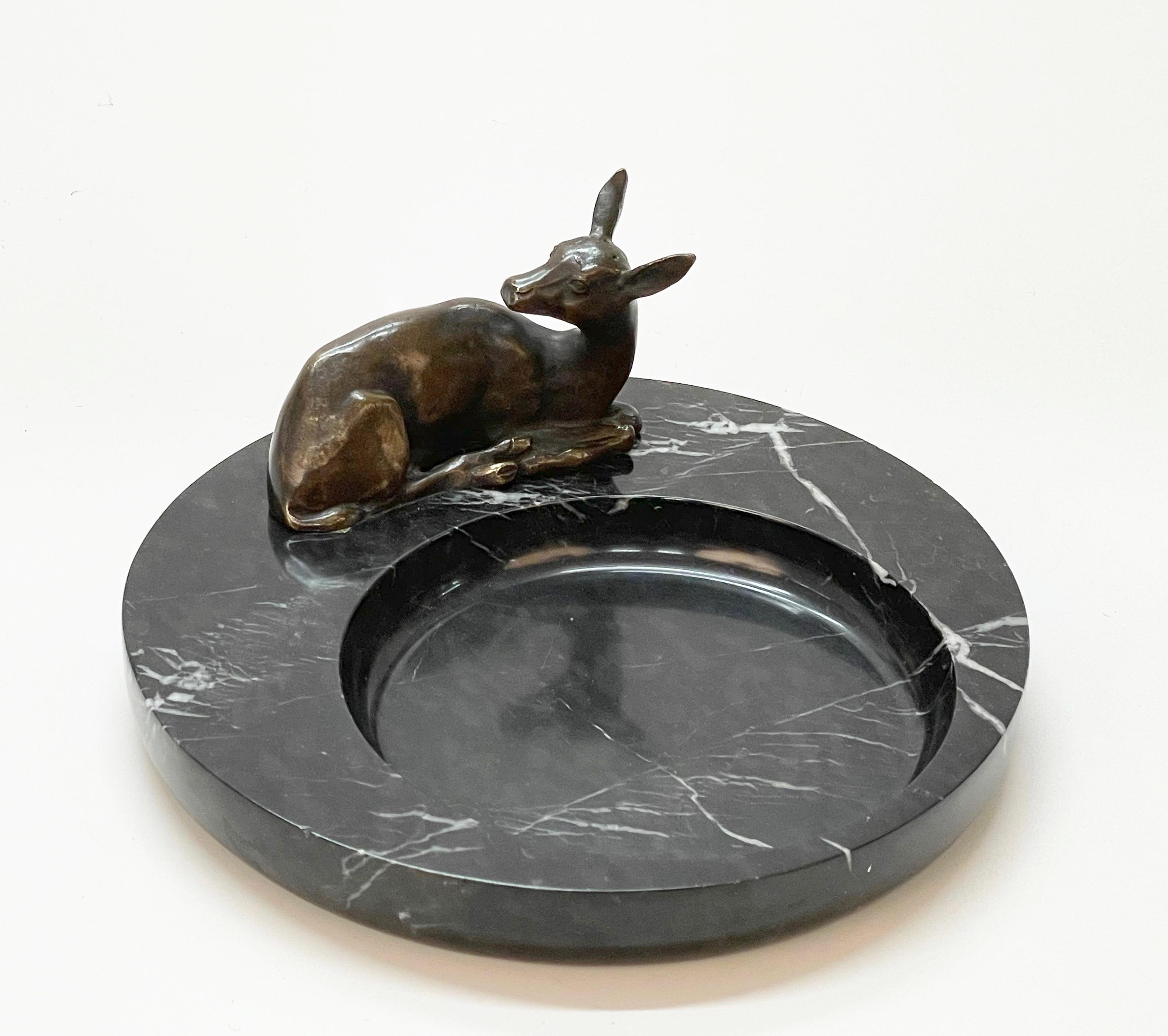 Midcentury Bronze and Black Marble Italian Ashtray with Deer Sculpture, 1930s 4