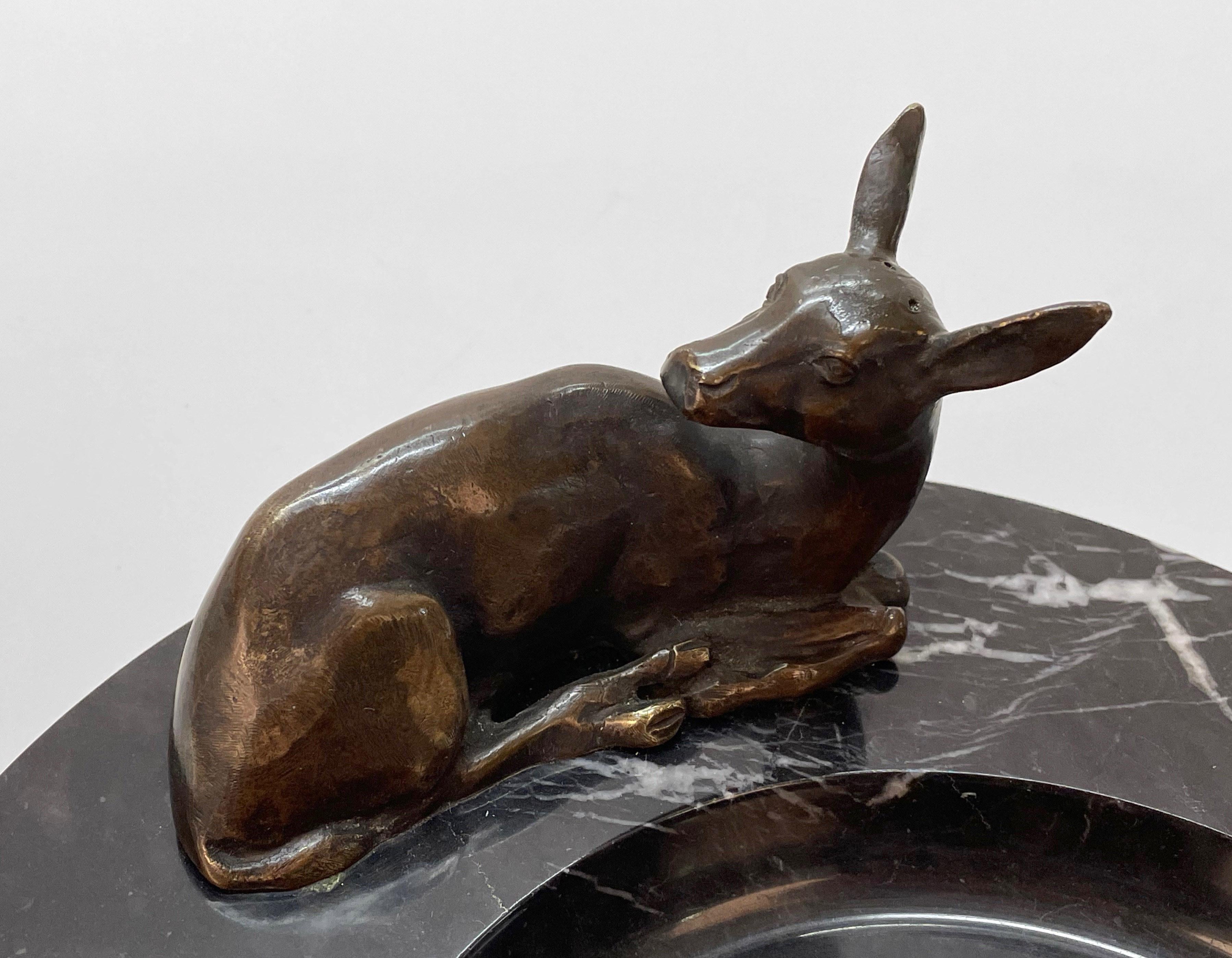 Midcentury Bronze and Black Marble Italian Ashtray with Deer Sculpture, 1930s 7