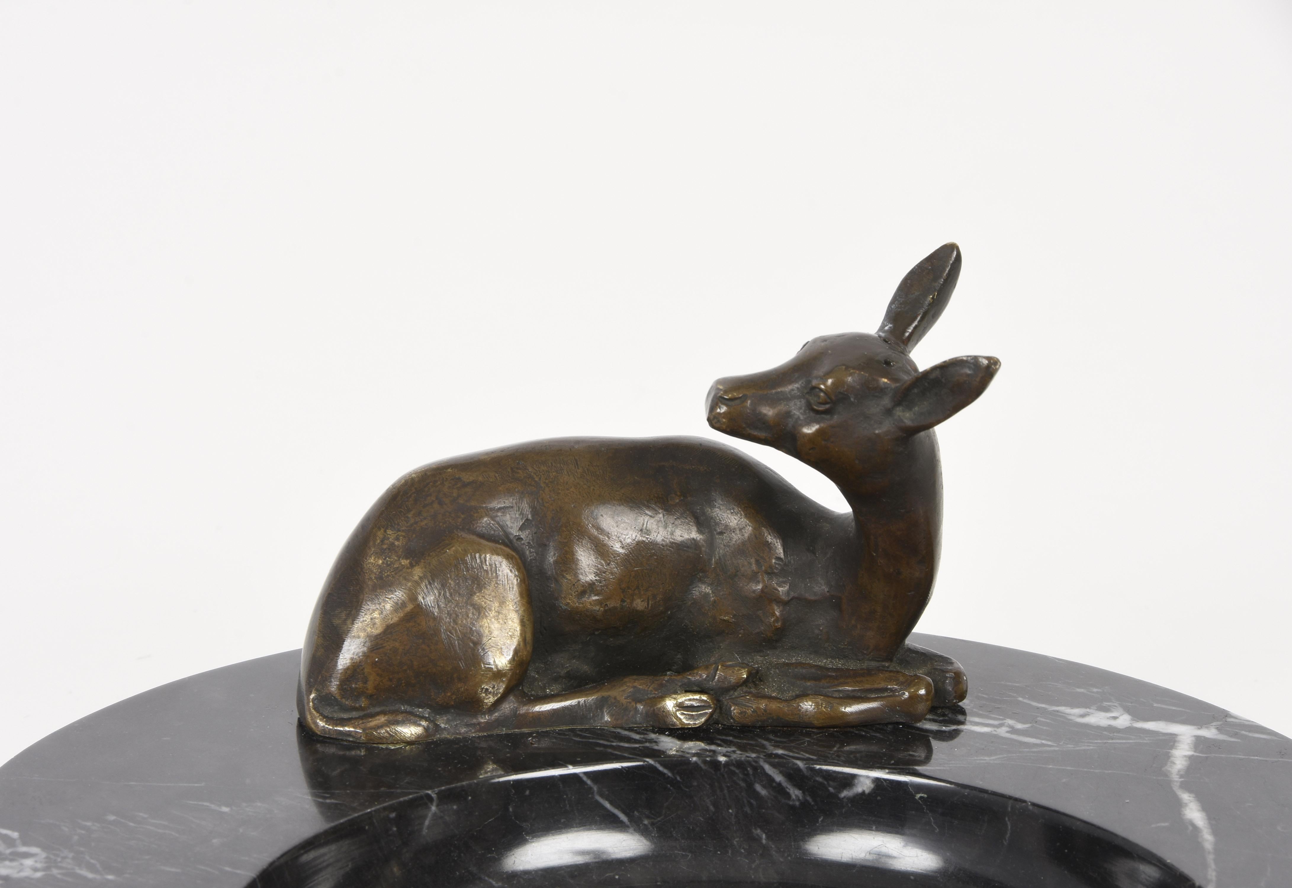 Midcentury Bronze and Black Marble Italian Ashtray with Deer Sculpture, 1930s 8