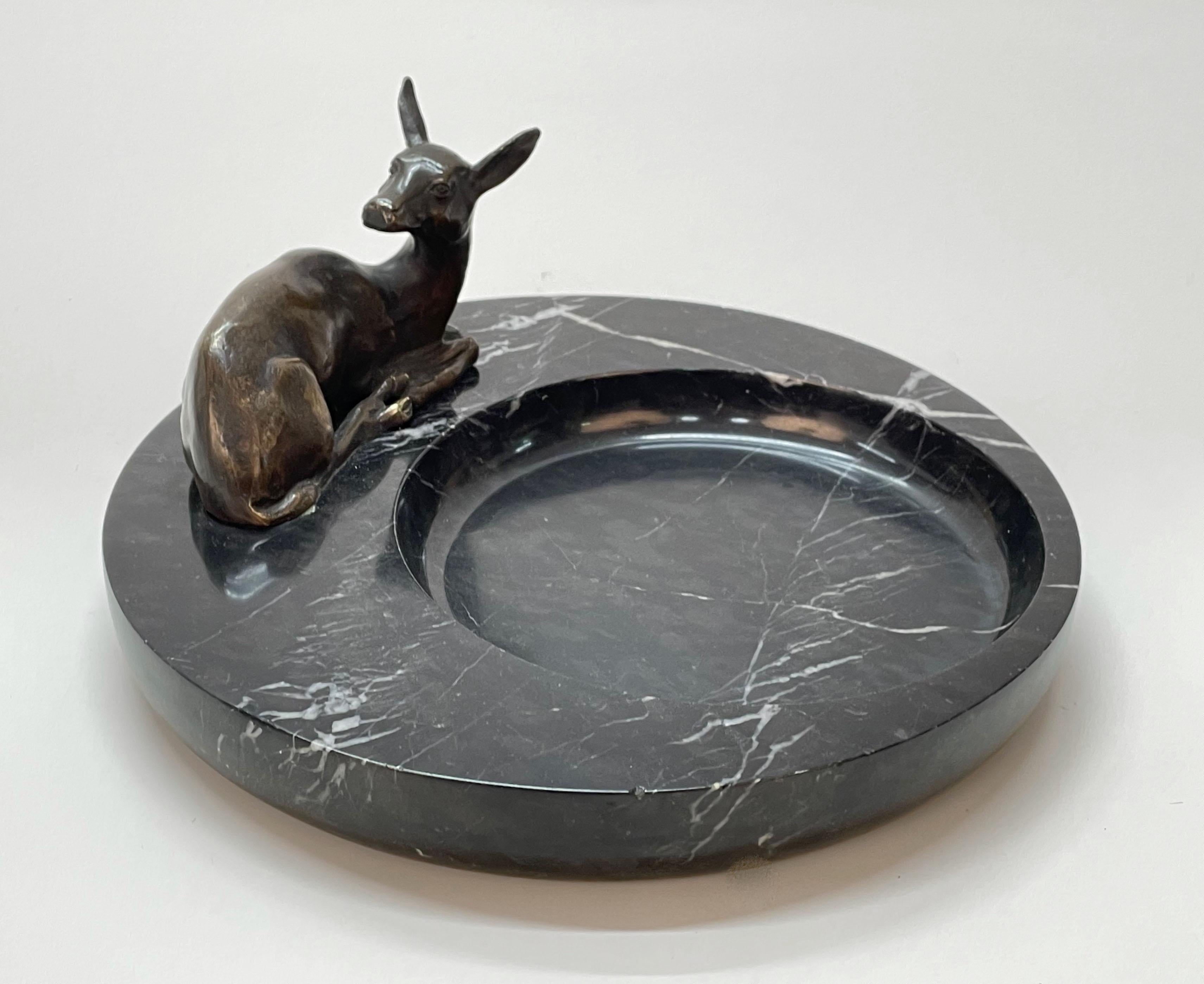Midcentury Bronze and Black Marble Italian Ashtray with Deer Sculpture, 1930s 12