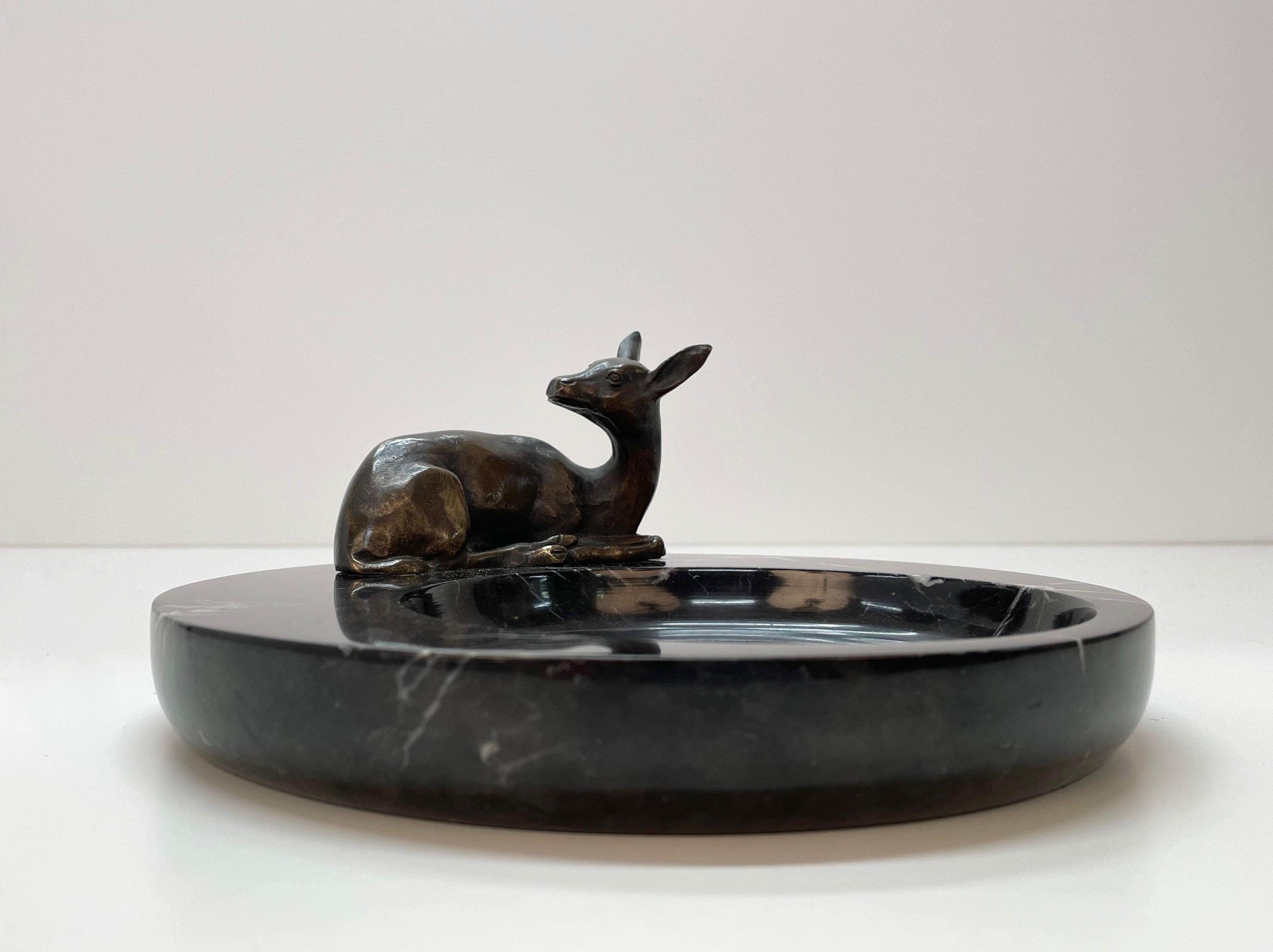 Midcentury Bronze and Black Marble Italian Ashtray with Deer Sculpture, 1930s 13