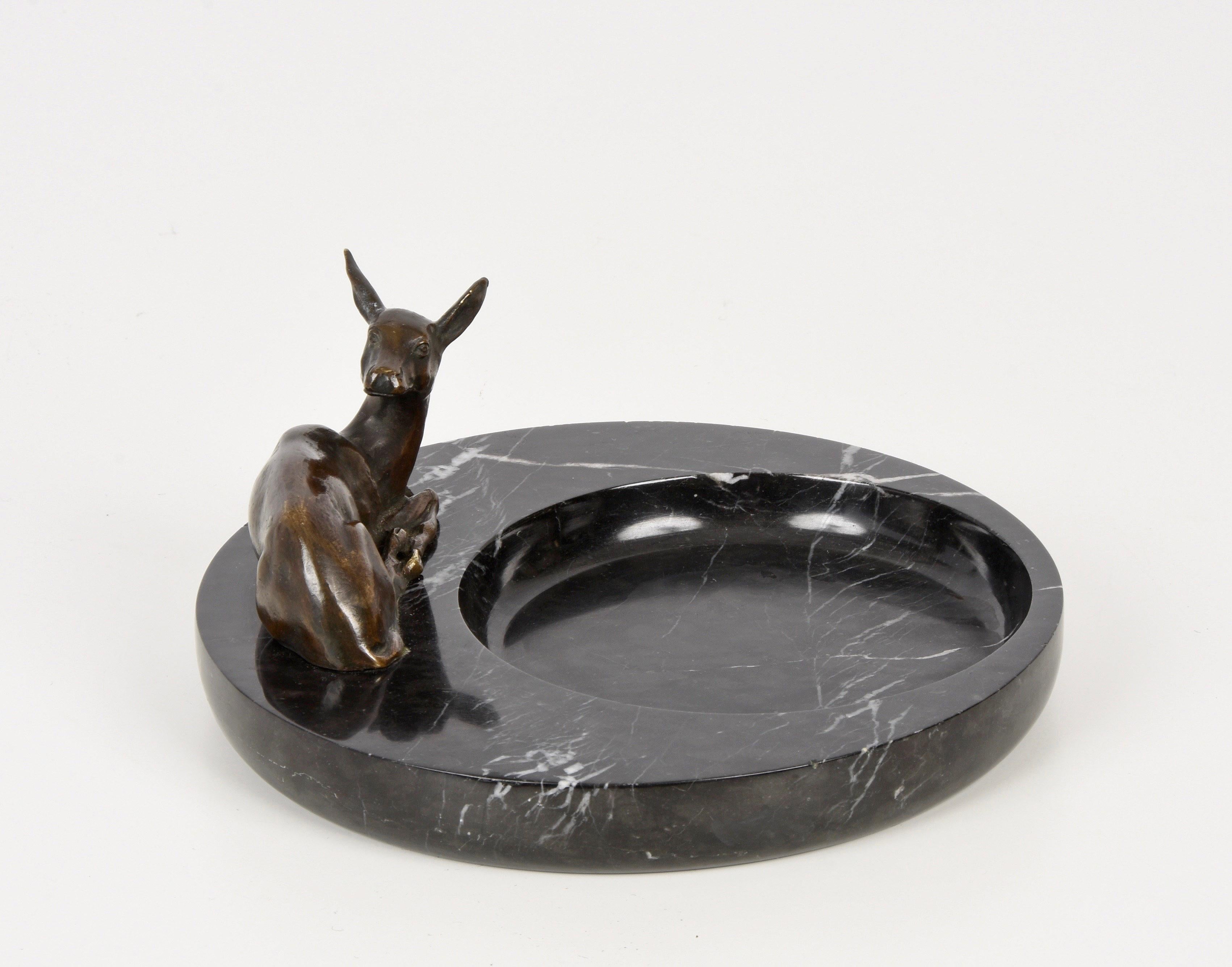 Mid-Century Modern Midcentury Bronze and Black Marble Italian Ashtray with Deer Sculpture, 1930s