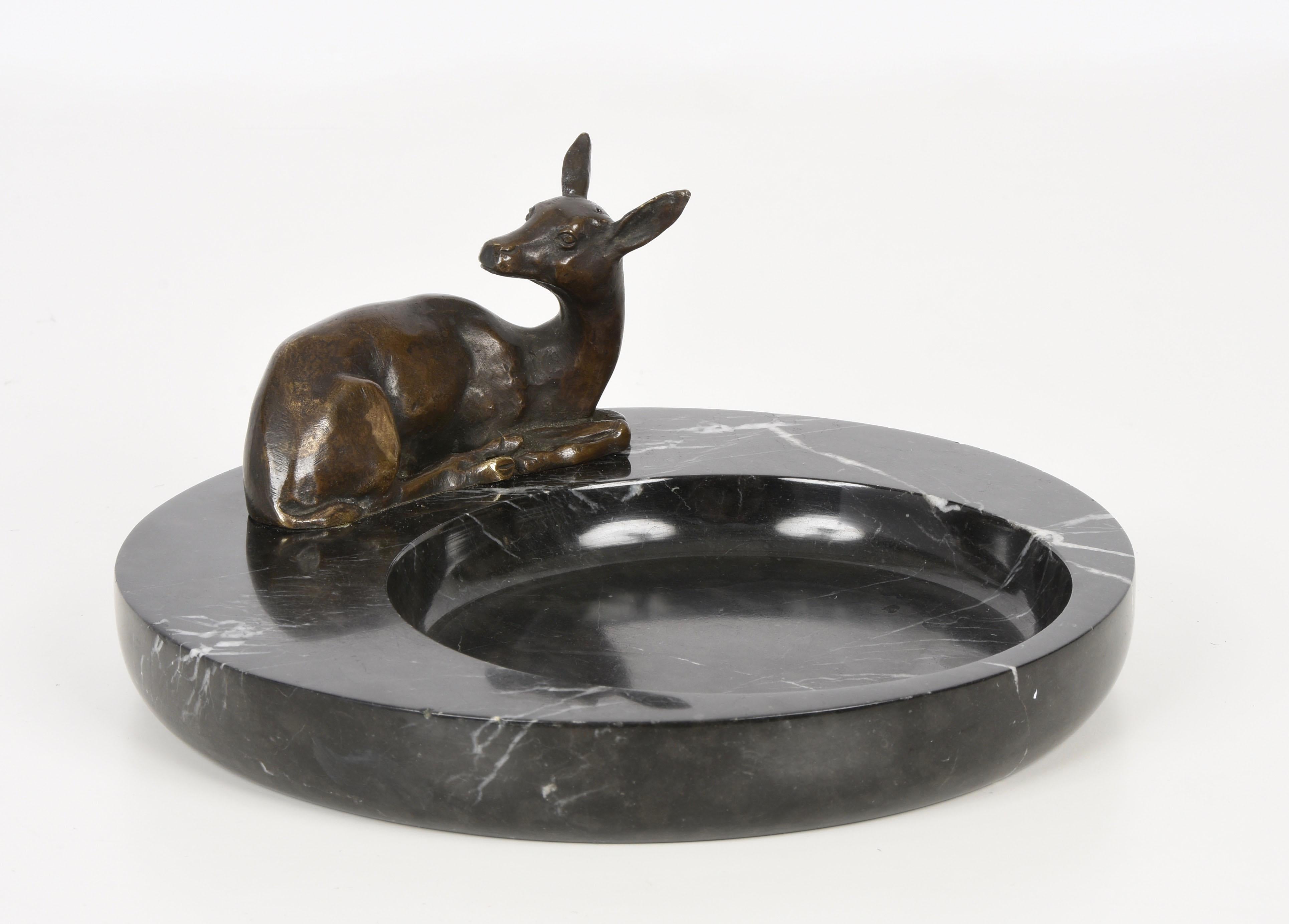 European Midcentury Bronze and Black Marble Italian Ashtray with Deer Sculpture, 1930s
