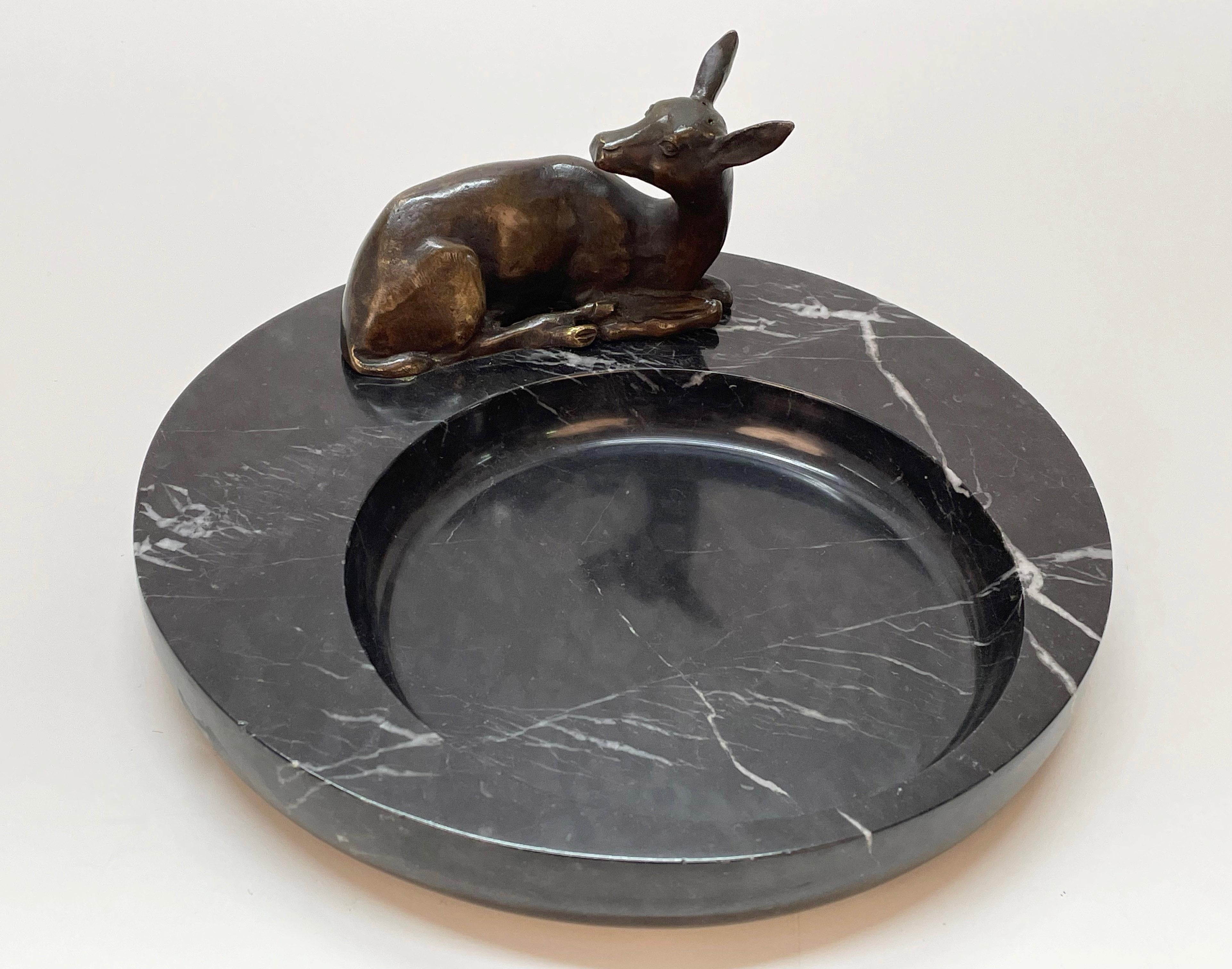 Mid-20th Century Midcentury Bronze and Black Marble Italian Ashtray with Deer Sculpture, 1930s
