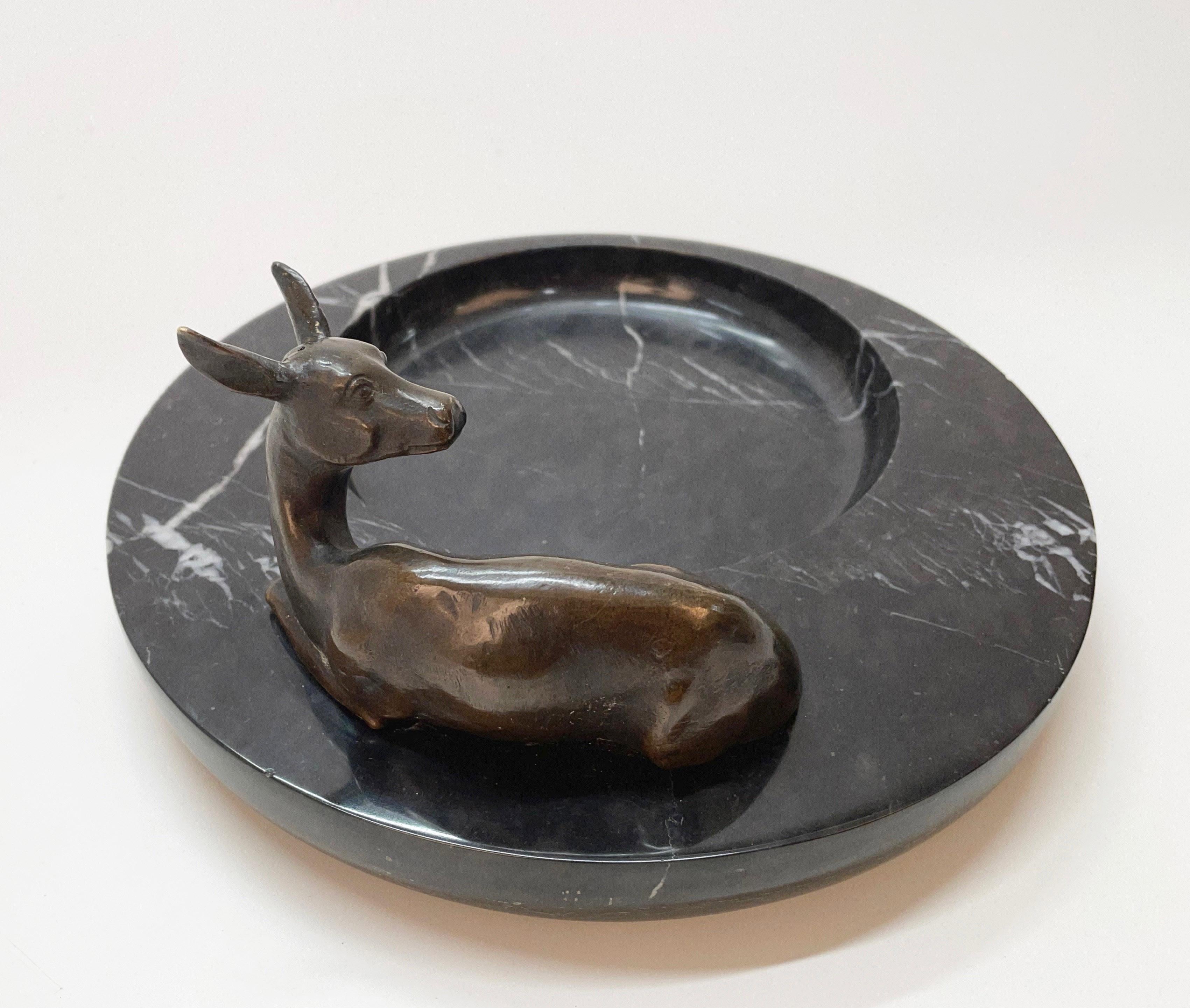 Midcentury Bronze and Black Marble Italian Ashtray with Deer Sculpture, 1930s 3