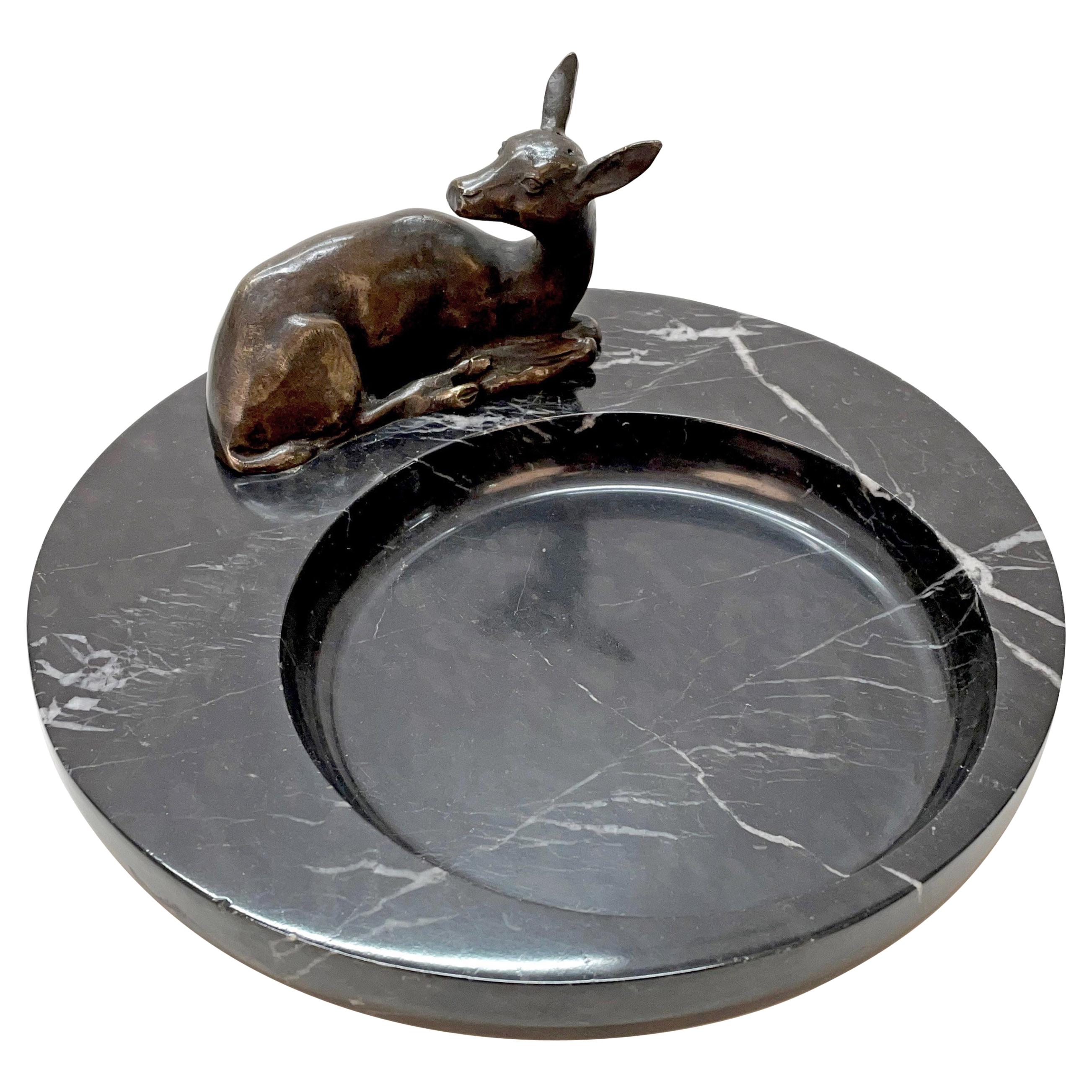 Midcentury Bronze and Black Marble Italian Ashtray with Deer Sculpture, 1930s