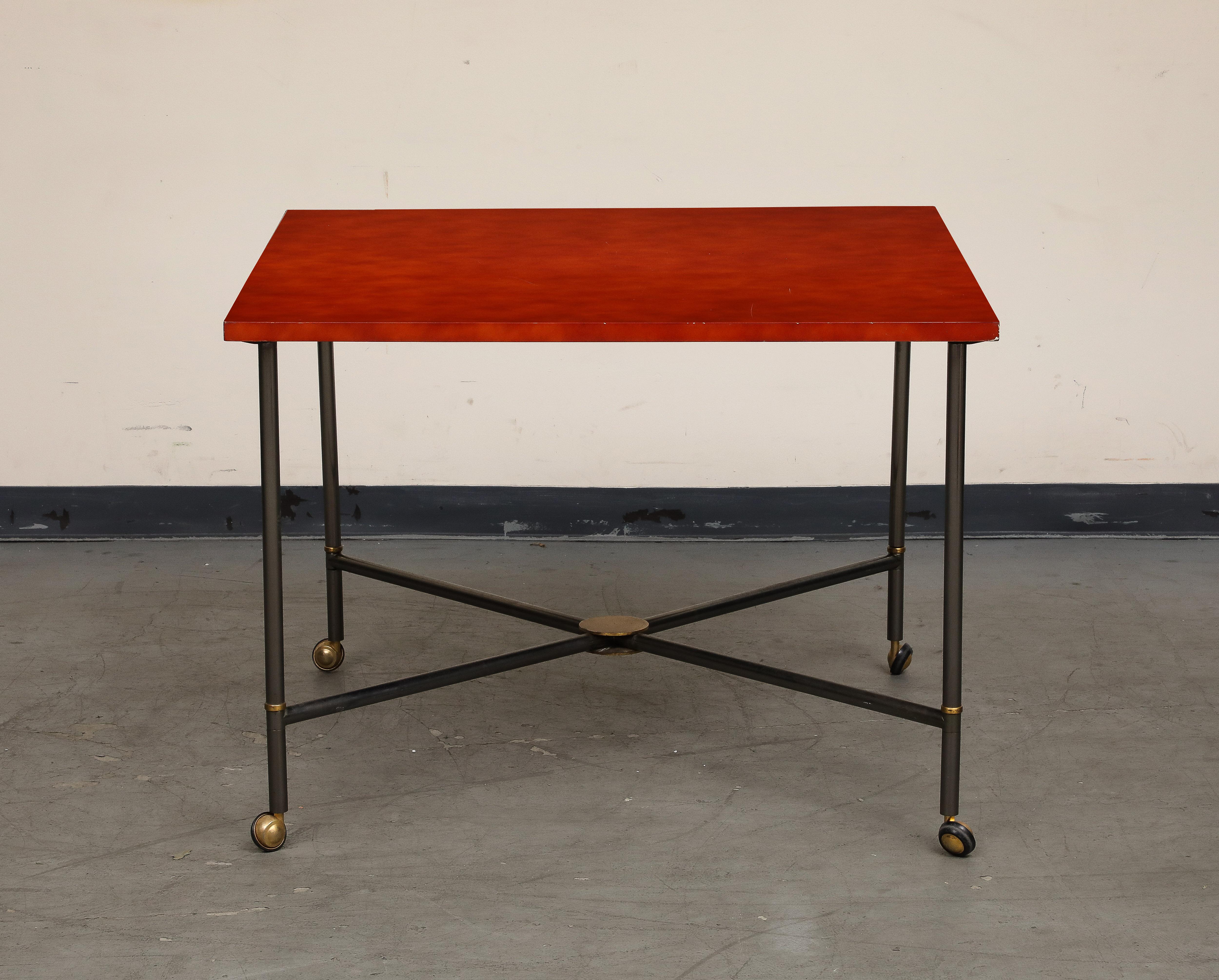 Midcentury Bronze and Red Lacquer 2-Piece Dining Table on Casters For Sale 10