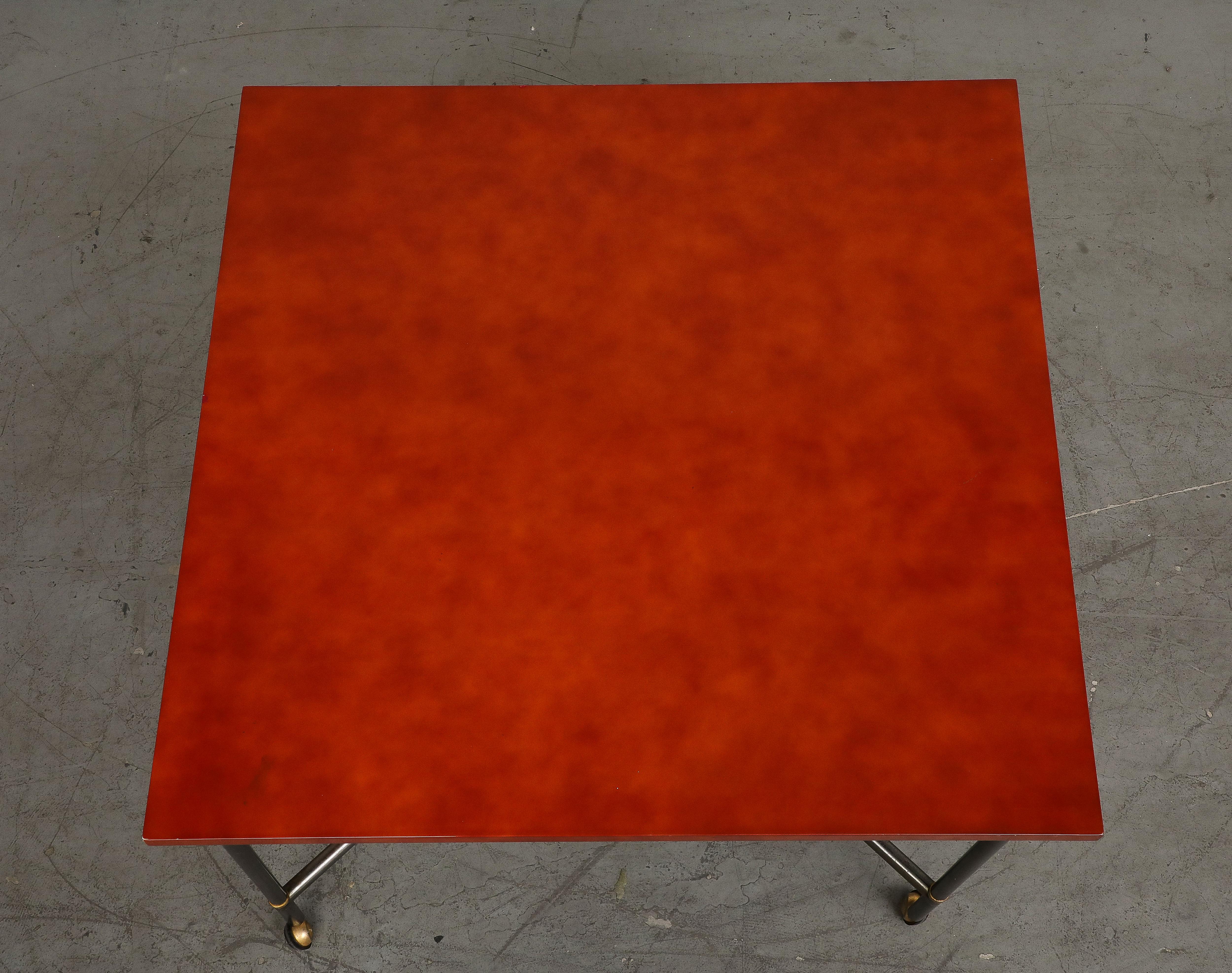 Midcentury Bronze and Red Lacquer 2-Piece Dining Table on Casters For Sale 11