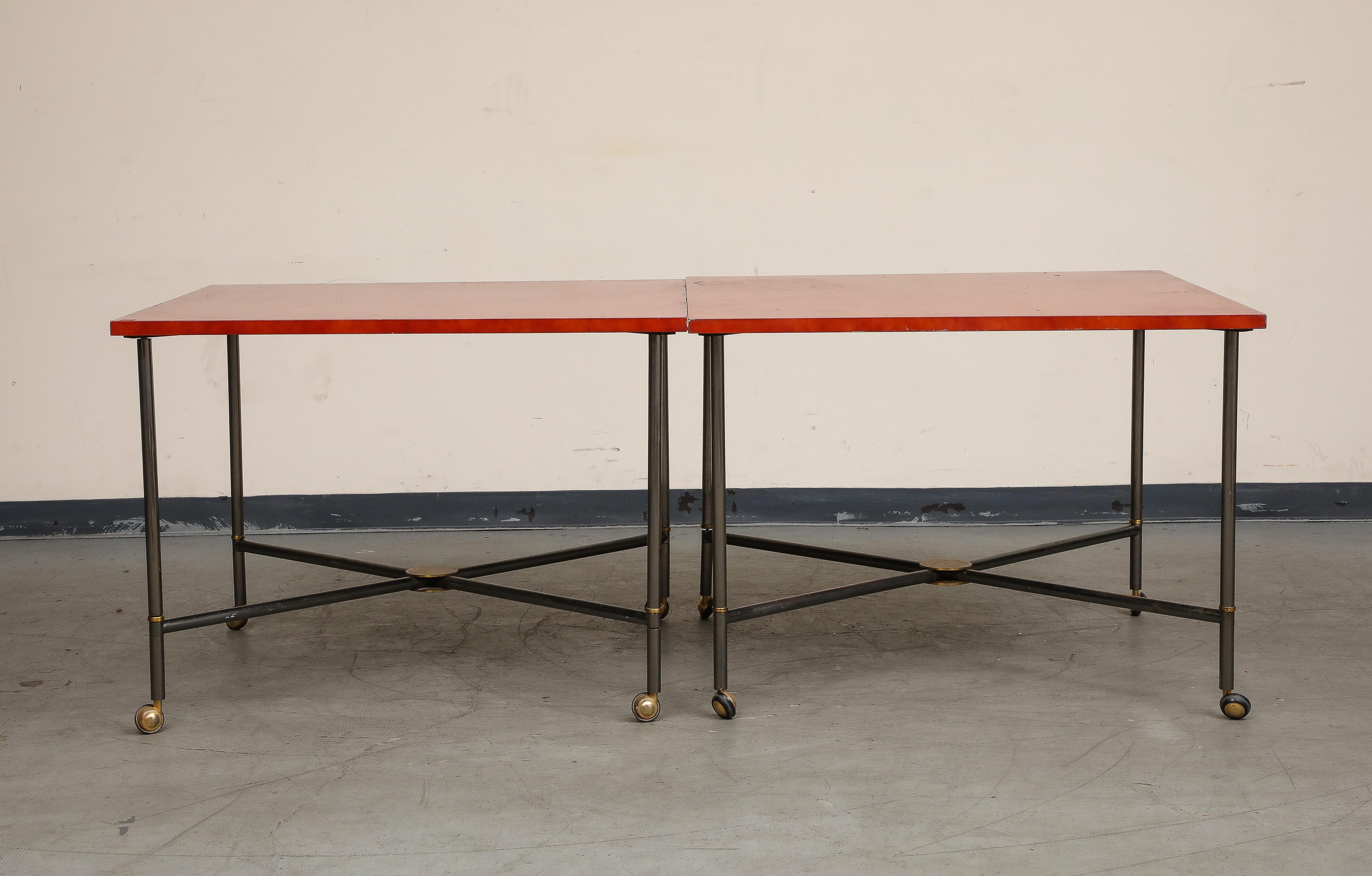 Mid-Century Modern Midcentury Bronze and Red Lacquer 2-Piece Dining Table on Casters For Sale