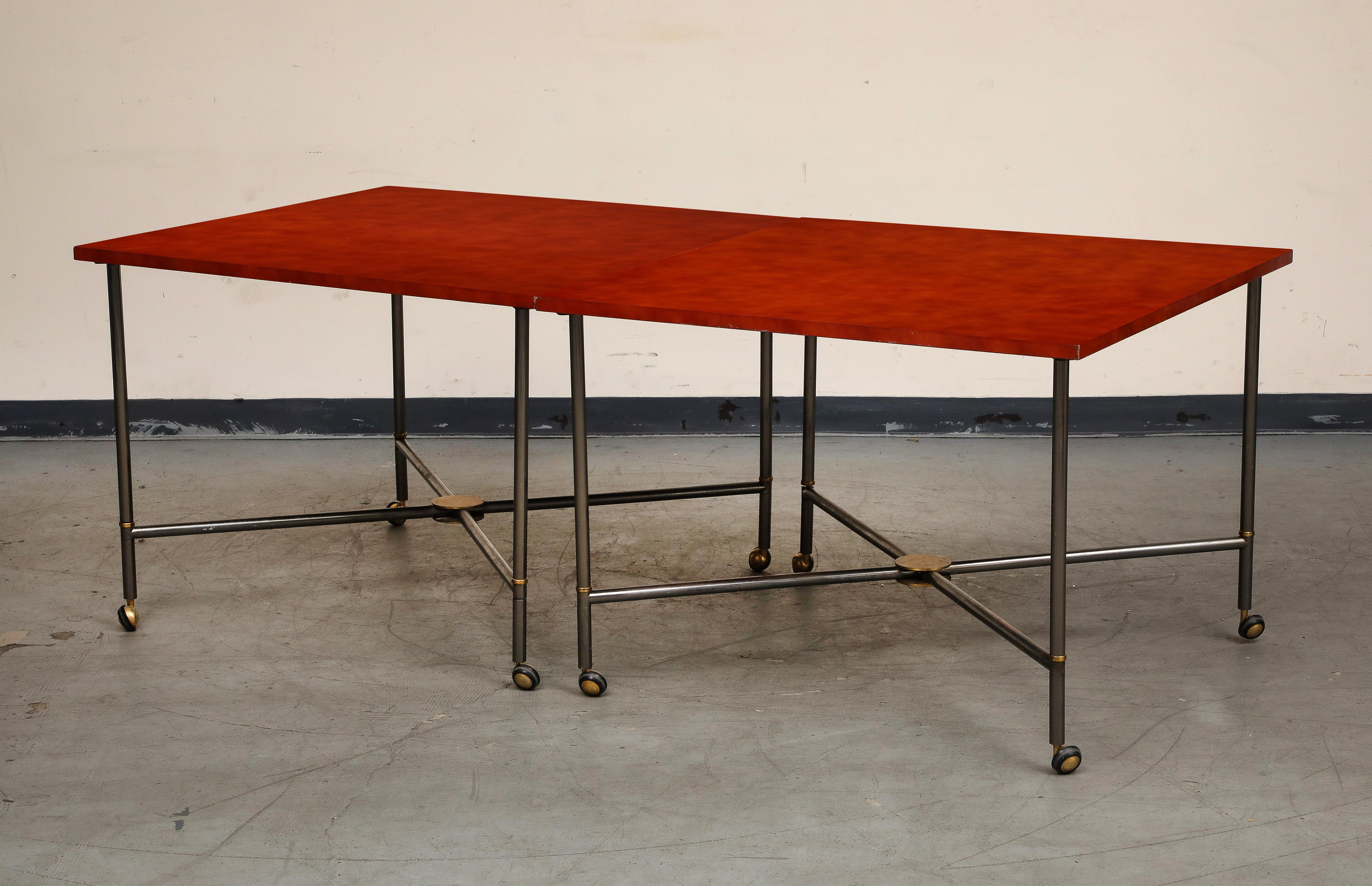 Midcentury Bronze and Red Lacquer 2-Piece Dining Table on Casters In Good Condition For Sale In Chicago, IL