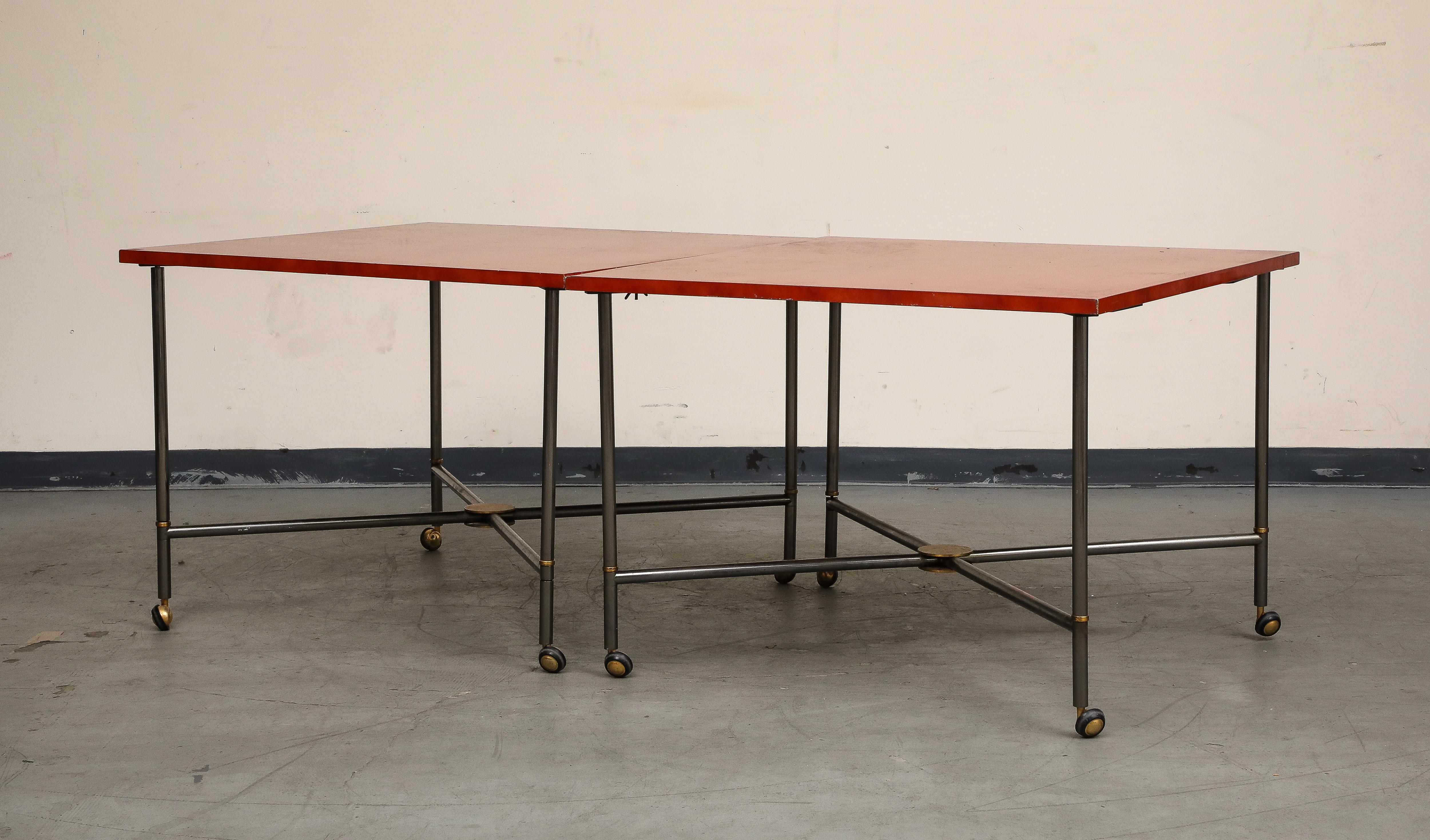 20th Century Midcentury Bronze and Red Lacquer 2-Piece Dining Table on Casters For Sale