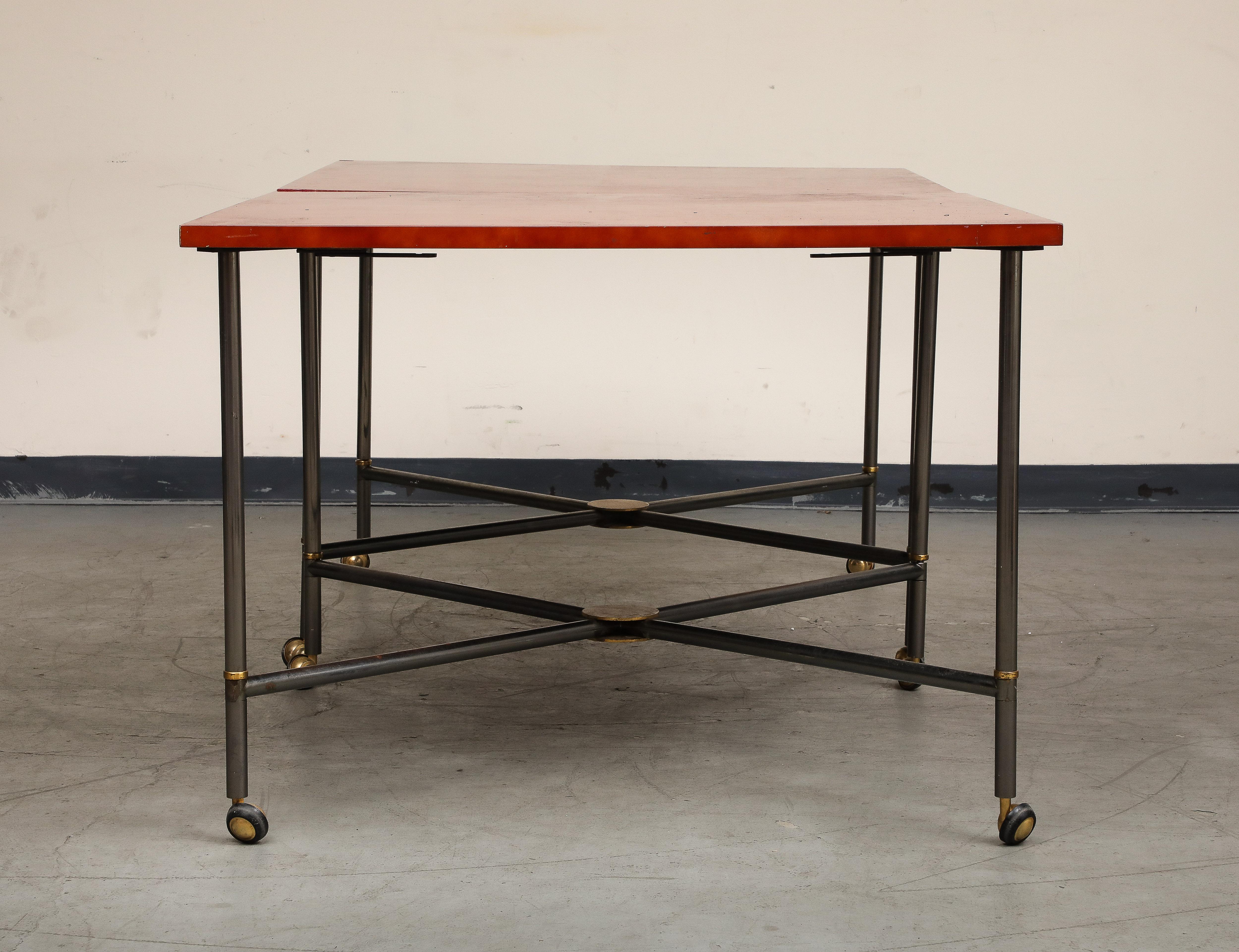 Midcentury Bronze and Red Lacquer 2-Piece Dining Table on Casters For Sale 1