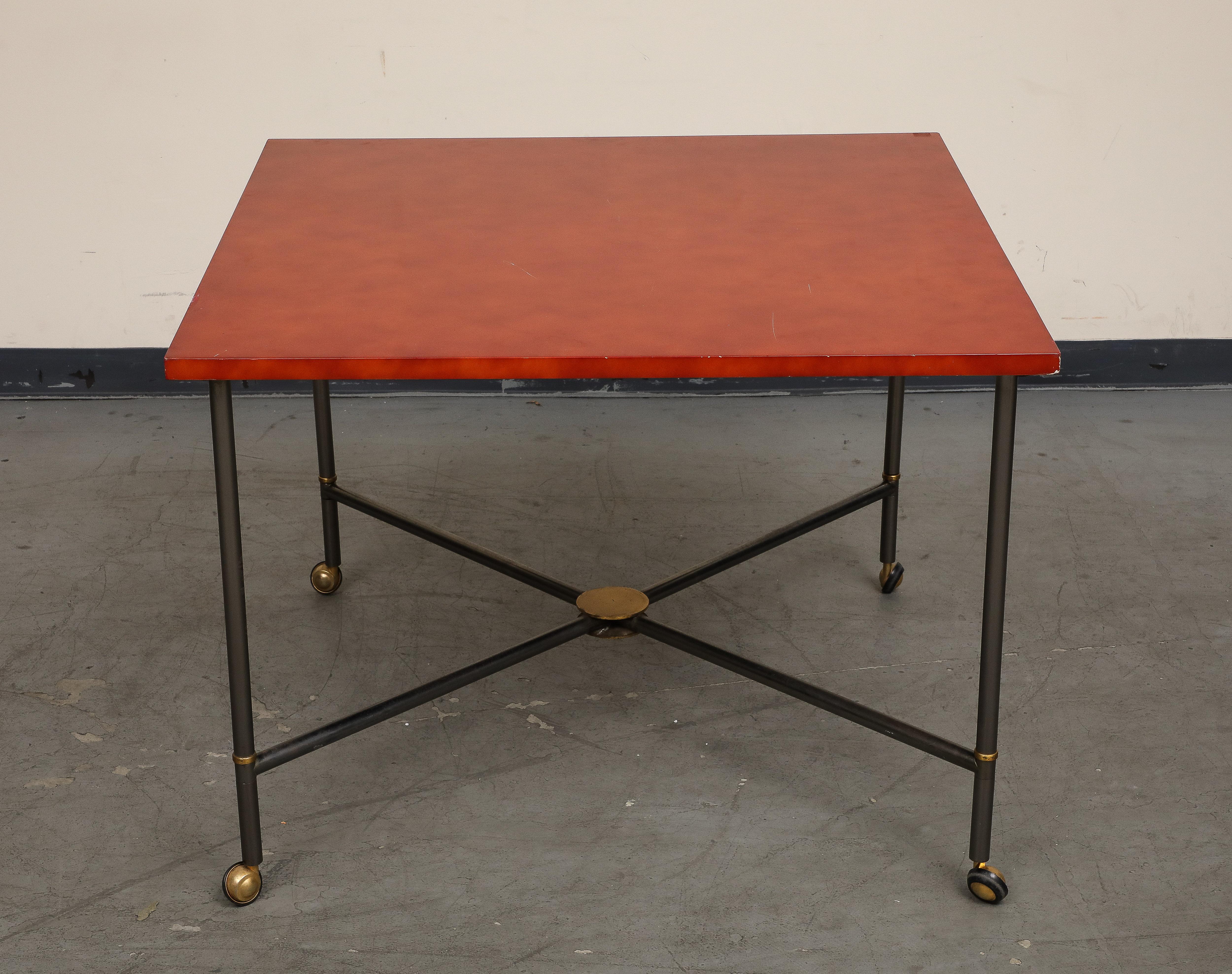 Midcentury Bronze and Red Lacquer 2-Piece Dining Table on Casters For Sale 2