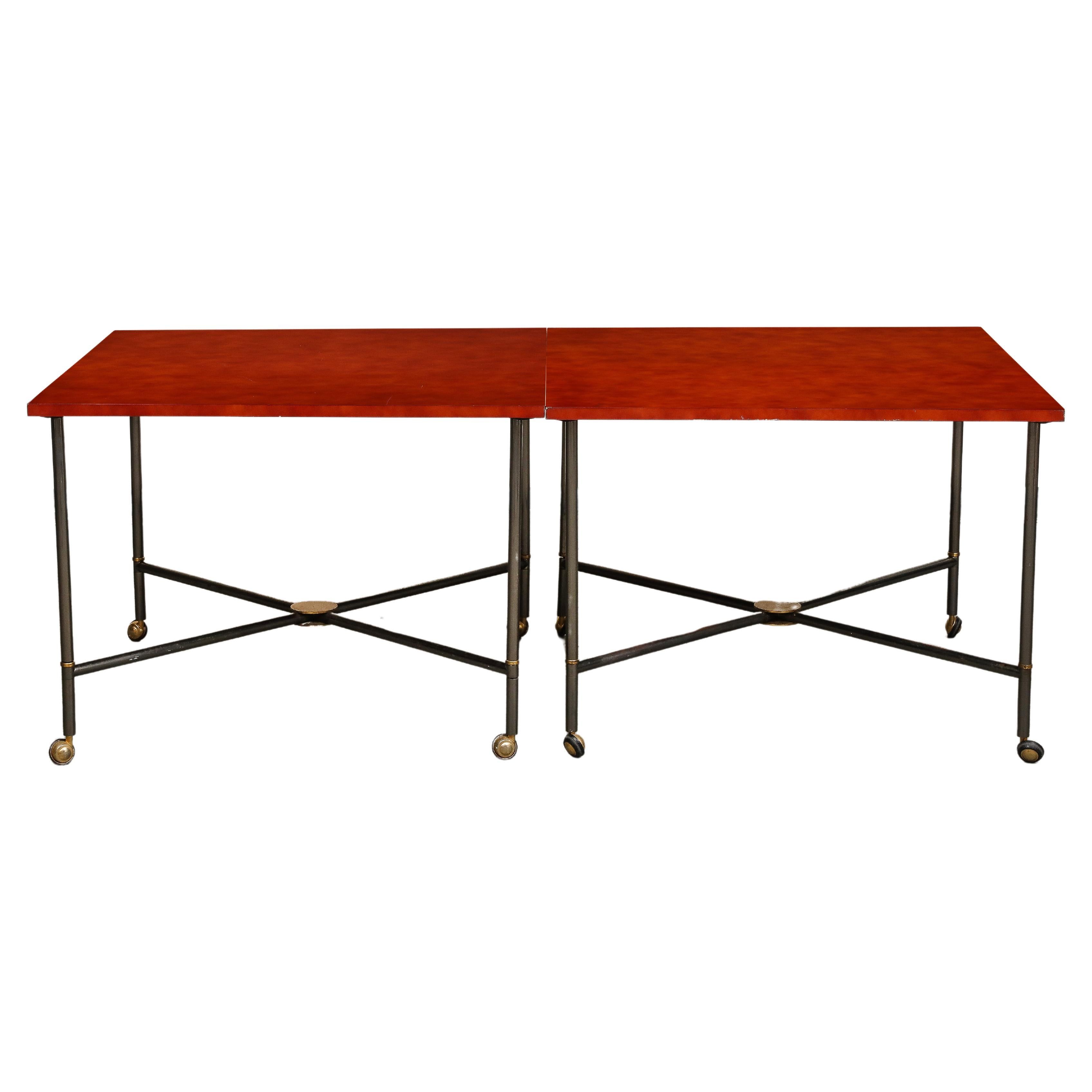 Midcentury Bronze and Red Lacquer 2-Piece Dining Table on Casters For Sale