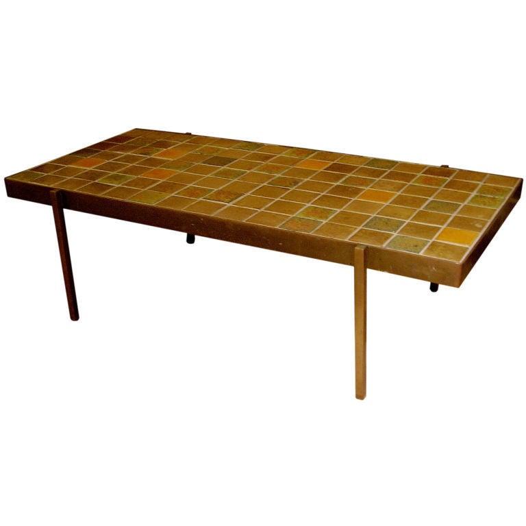 Midcentury Bronze and Tile Coffee Table, Attributed To Roger Capron.  Custom  For Sale 2