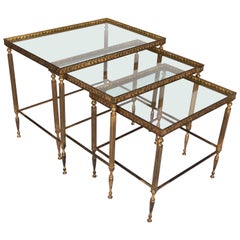 Midcentury Bronze Brass and Glass Nesting Tables by Maison Baguès, France