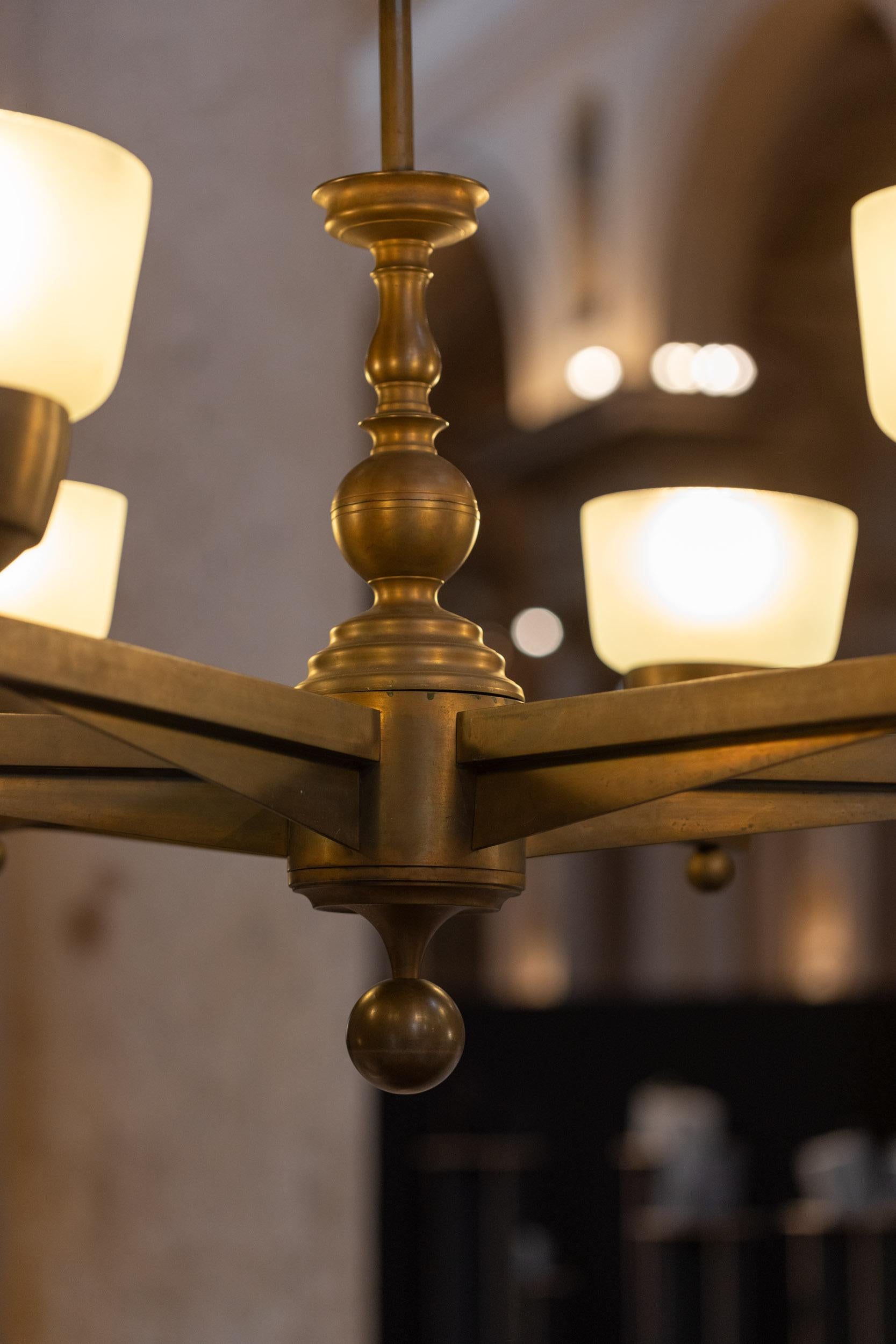 Midcentury bronze chandelier with 6 elegant hand blown glass 3