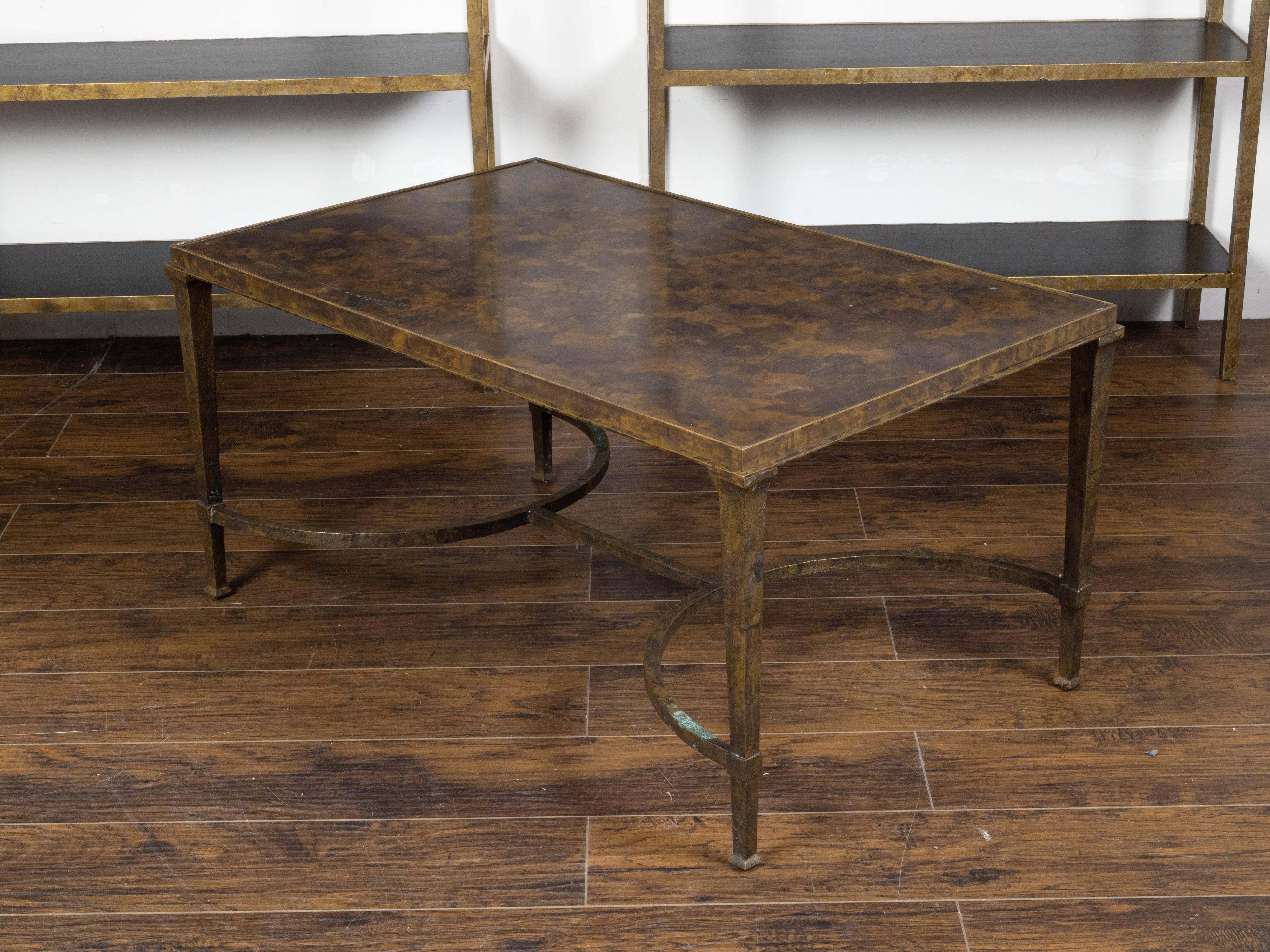 Midcentury Bronze Coffee Table with Marbleized Top and Half-Moon Stretcher For Sale 5