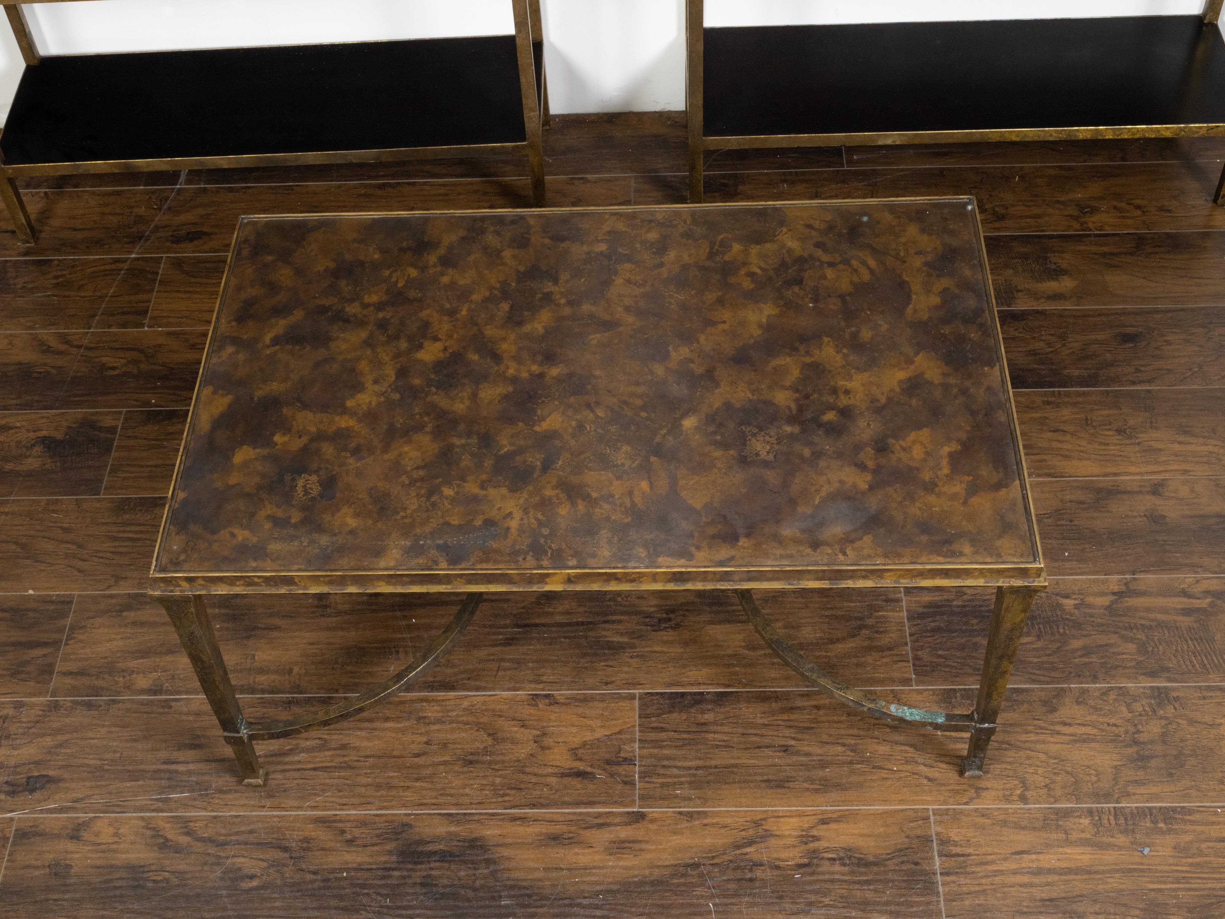 20th Century Midcentury Bronze Coffee Table with Marbleized Top and Half-Moon Stretcher For Sale