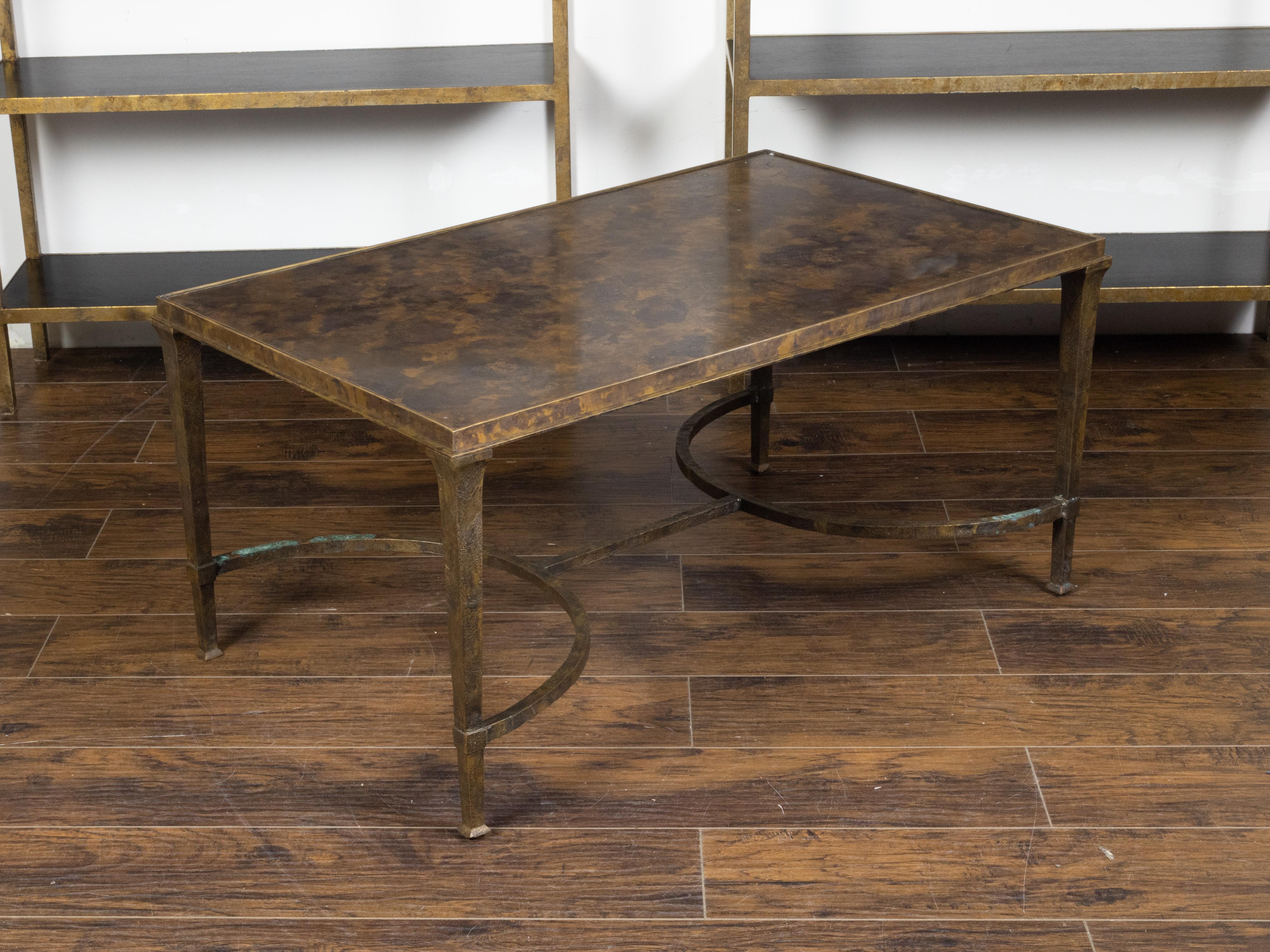 Midcentury Bronze Coffee Table with Marbleized Top and Half-Moon Stretcher For Sale 1