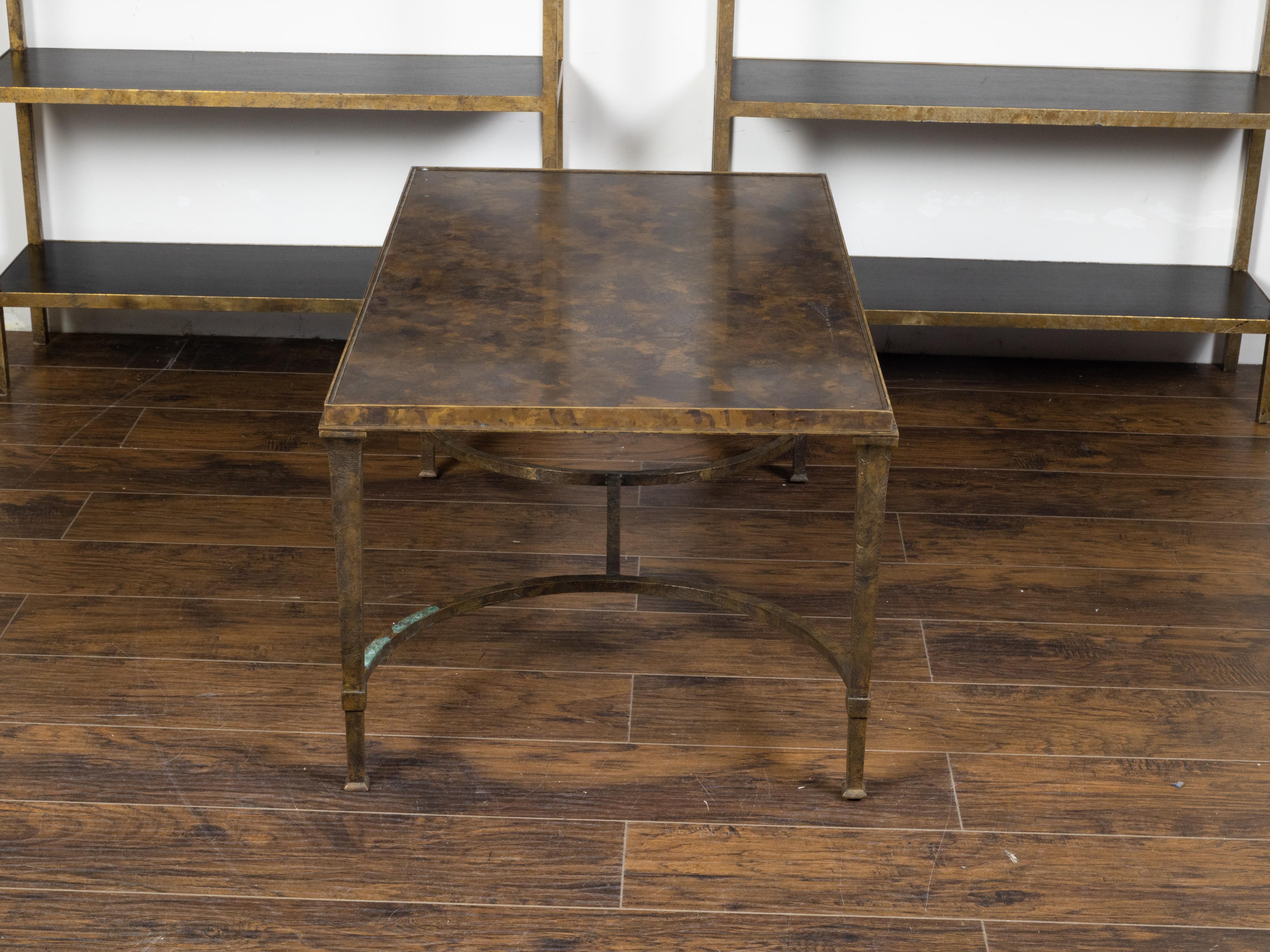 Midcentury Bronze Coffee Table with Marbleized Top and Half-Moon Stretcher For Sale 2