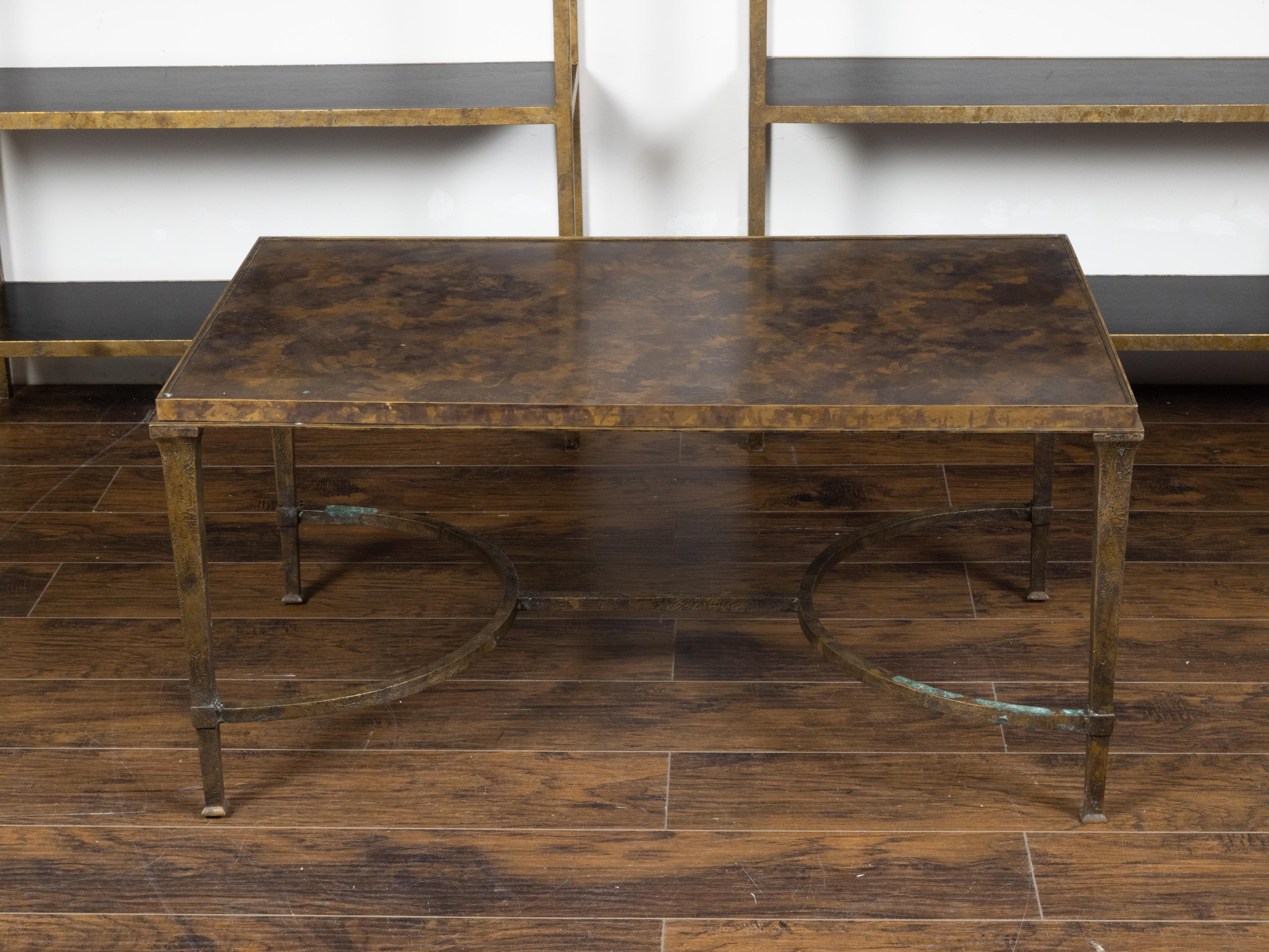 Midcentury Bronze Coffee Table with Marbleized Top and Half-Moon Stretcher For Sale 3