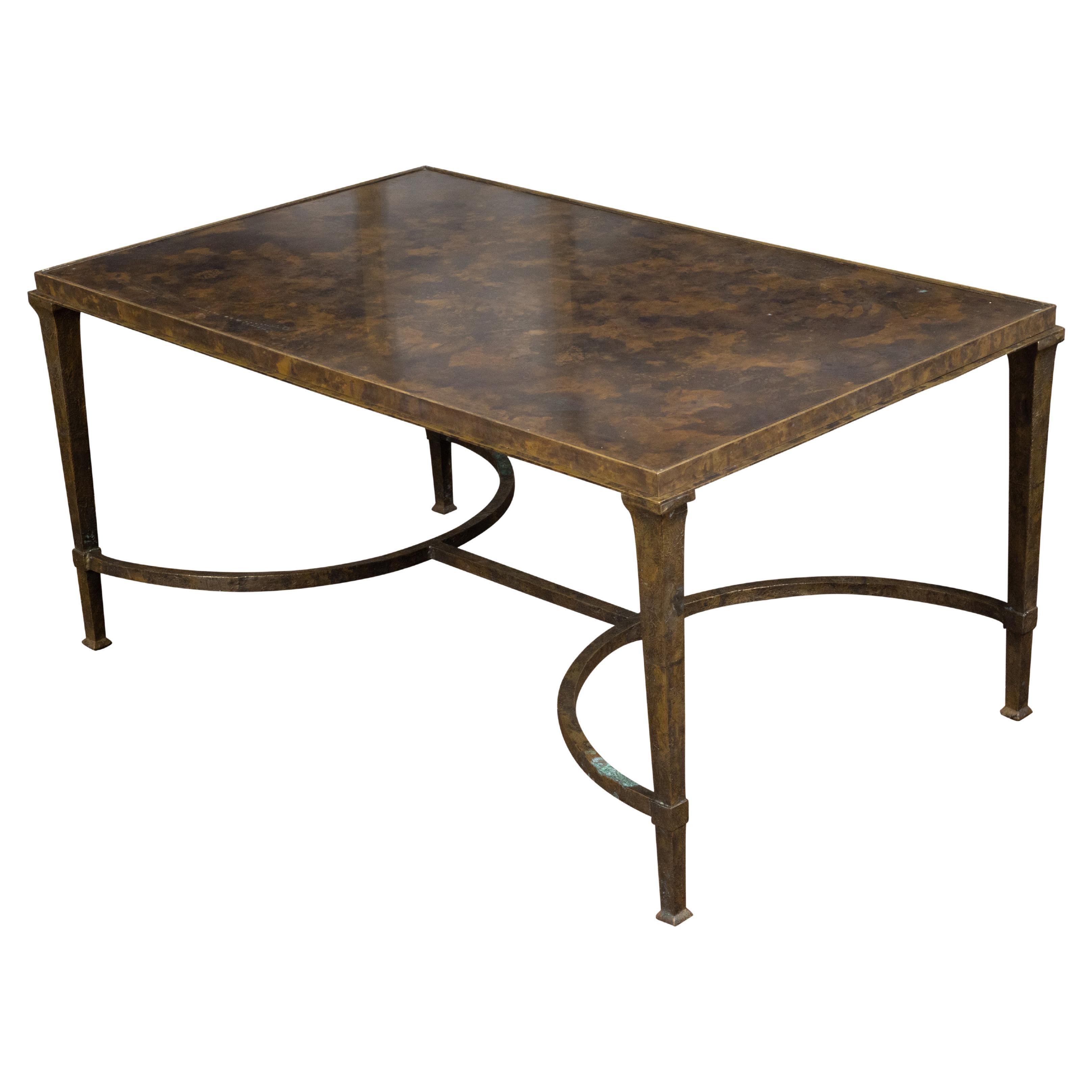 Midcentury Bronze Coffee Table with Marbleized Top and Half-Moon Stretcher For Sale